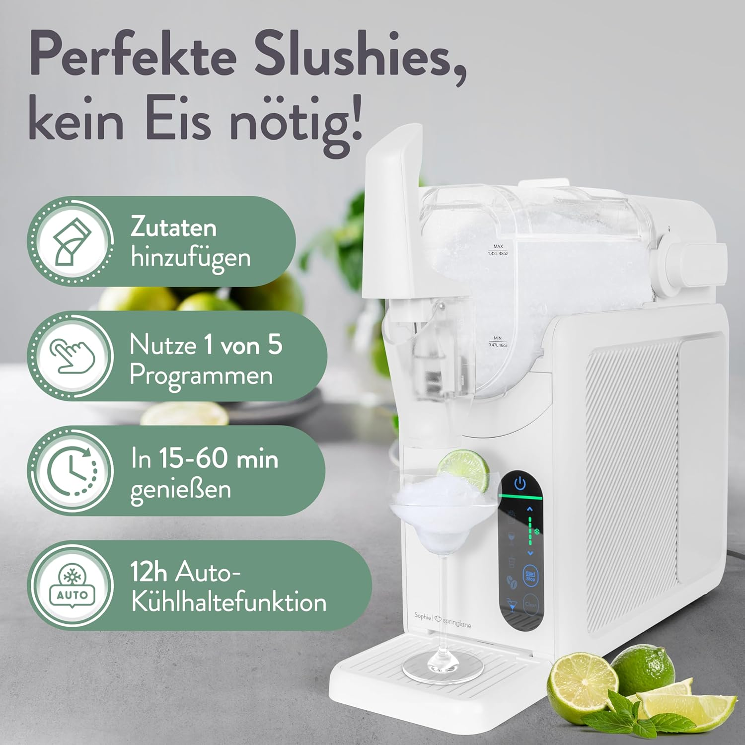 Weiße Slushie-Maschine mit Bedienfeld, gefülltem Glas und Limetten.