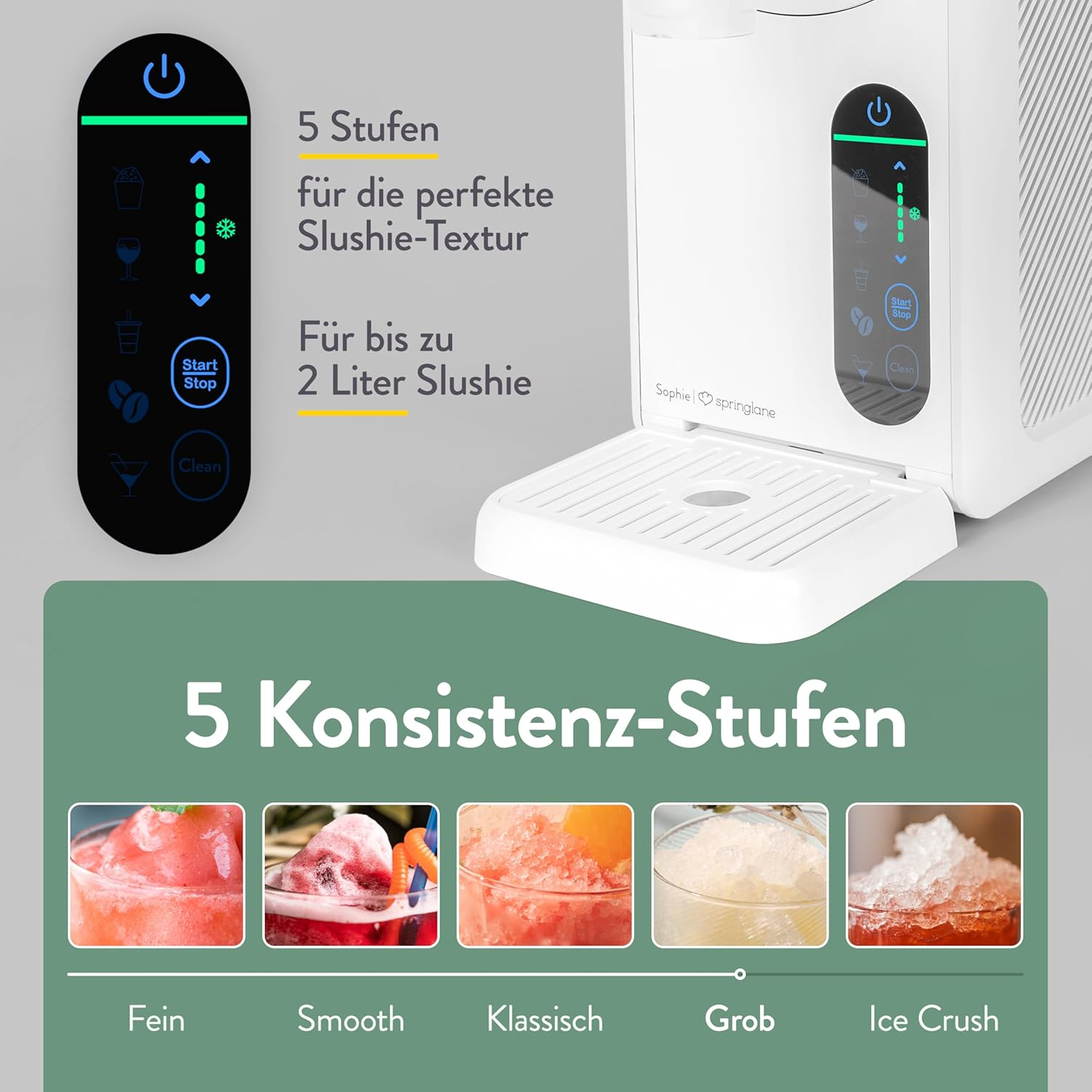Eismaschine mit 5 Stufen für perfekte Slushie-Texturen und bis zu 2 Liter Fassungsvermögen.