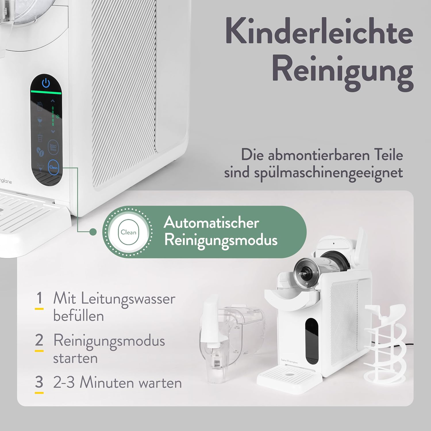 Eine weiße Kaffeemaschine mit Reinigungsanleitung. Teile sind spülmaschinenfest.