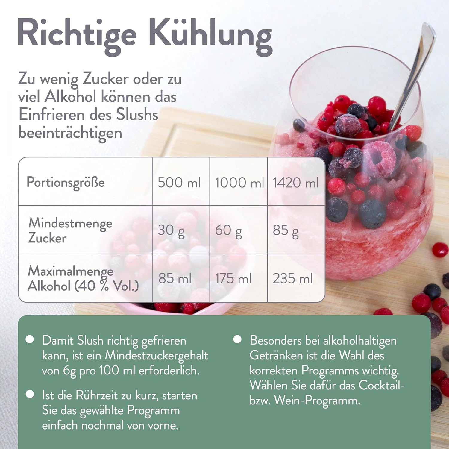 Tabelle zeigt Zucker-/Alkoholmengen für Slushs, daneben ein Glas Slush mit Beeren.