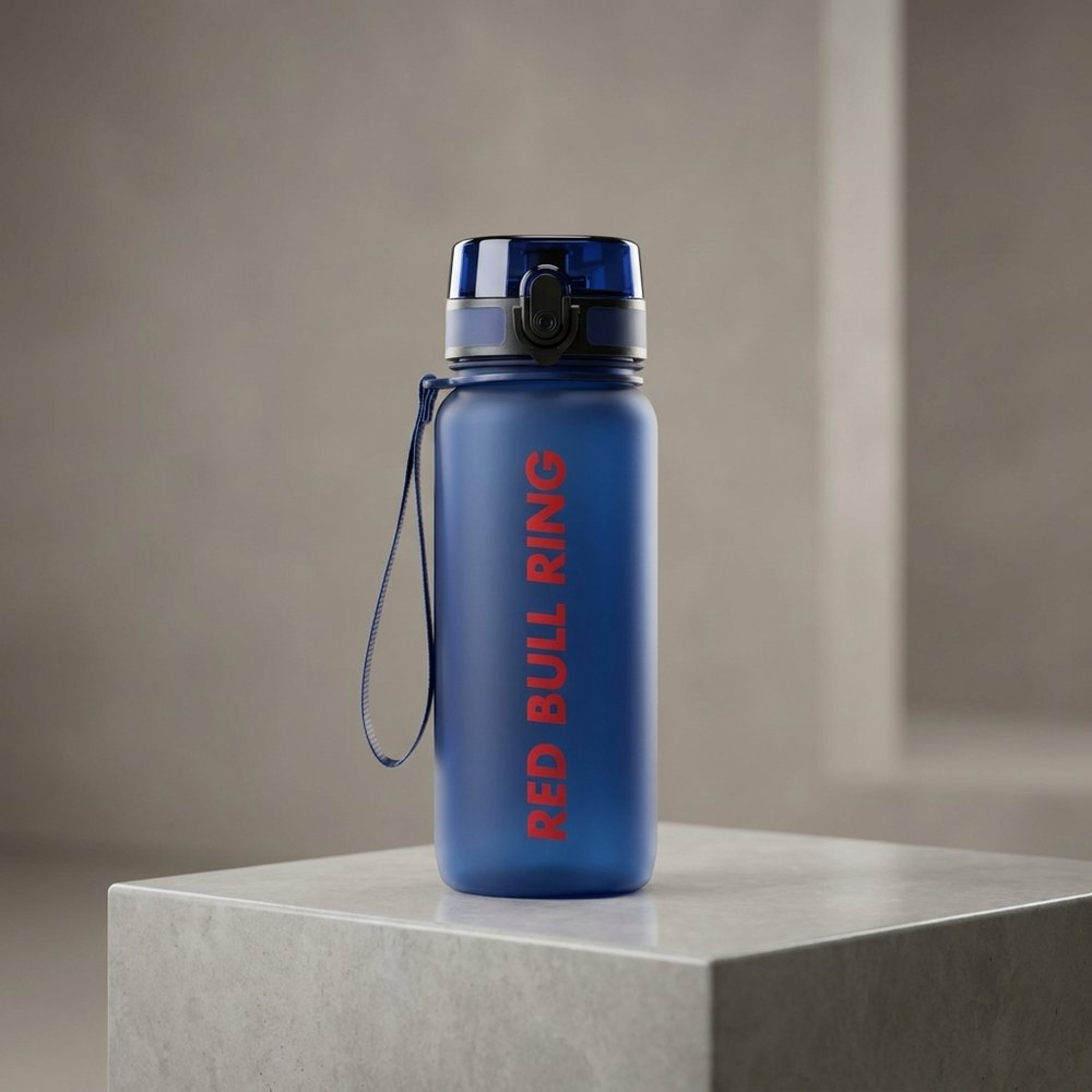 Una borraccia blu con scritte rosse.