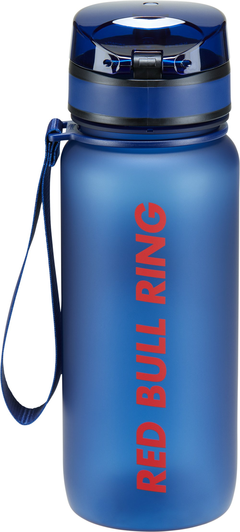 Borraccia blu con scritta rossa e cinturino blu.