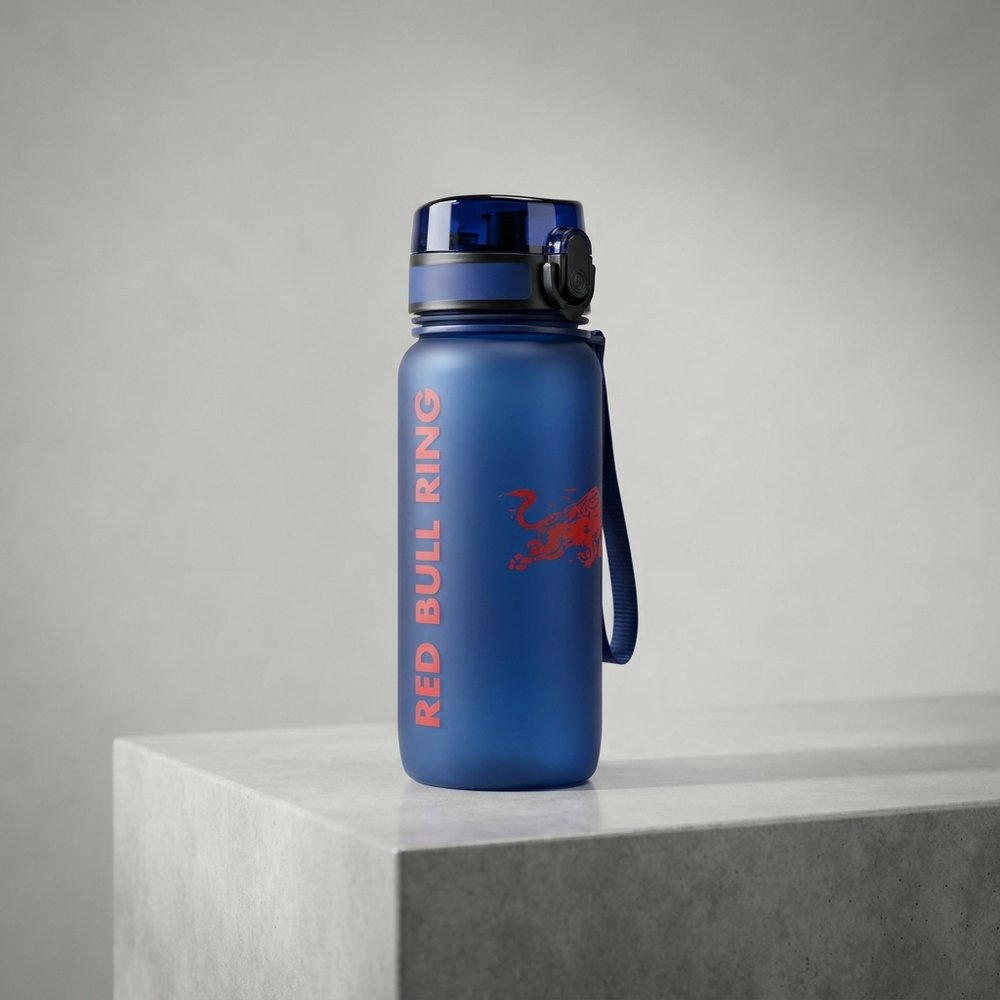 Borraccia blu Red Bull Ring con logo rosso e cinturino su cemento.