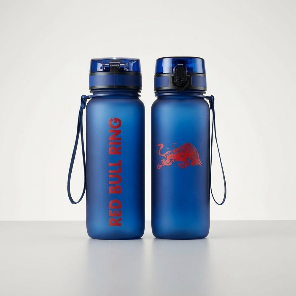 Due borracce blu con logo e testo rossi su sfondo bianco.