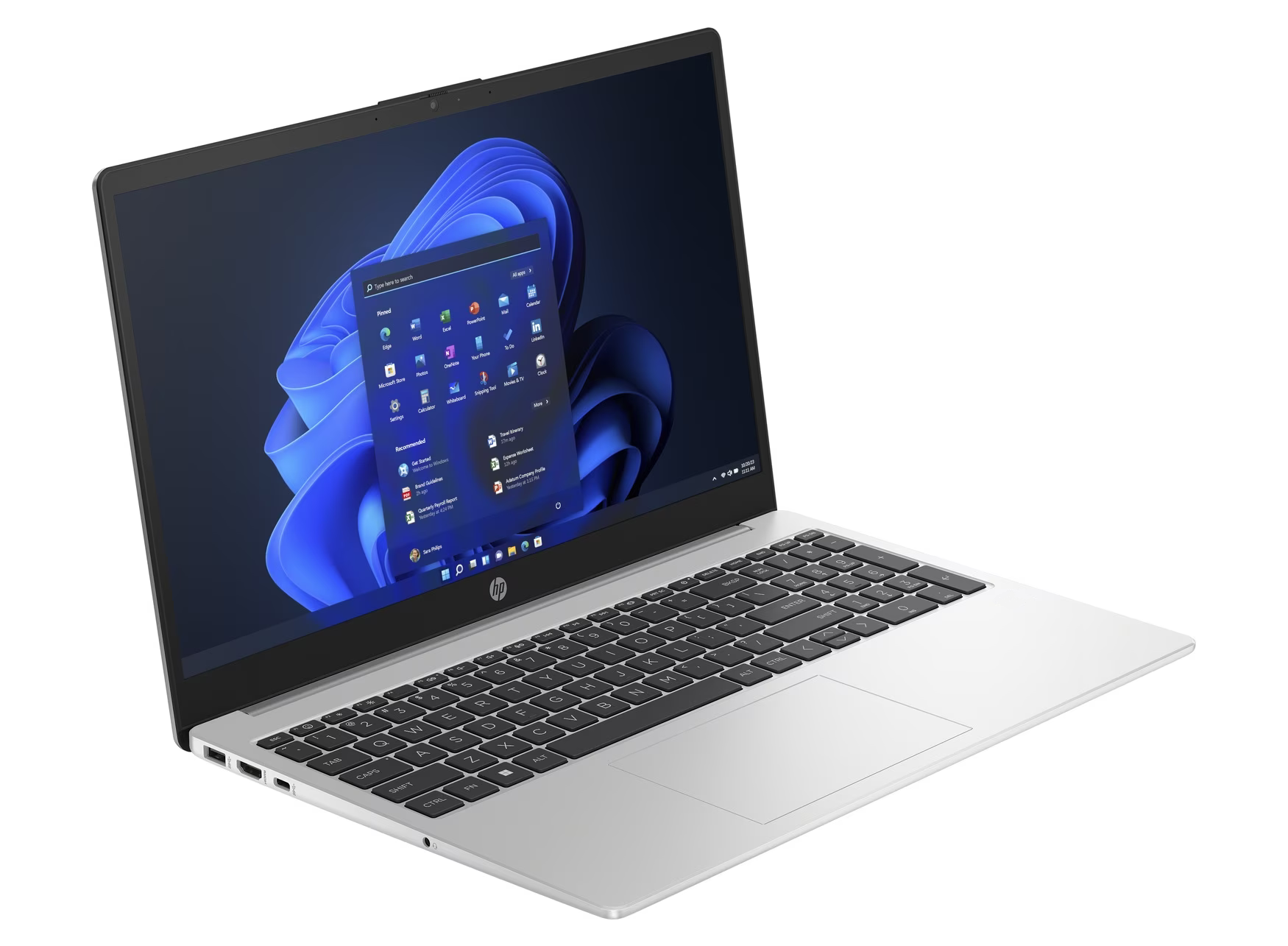 Ein silberner HP Laptop mit einem dunklen Hintergrund und einem blauen, wellenförmigen Muster.
