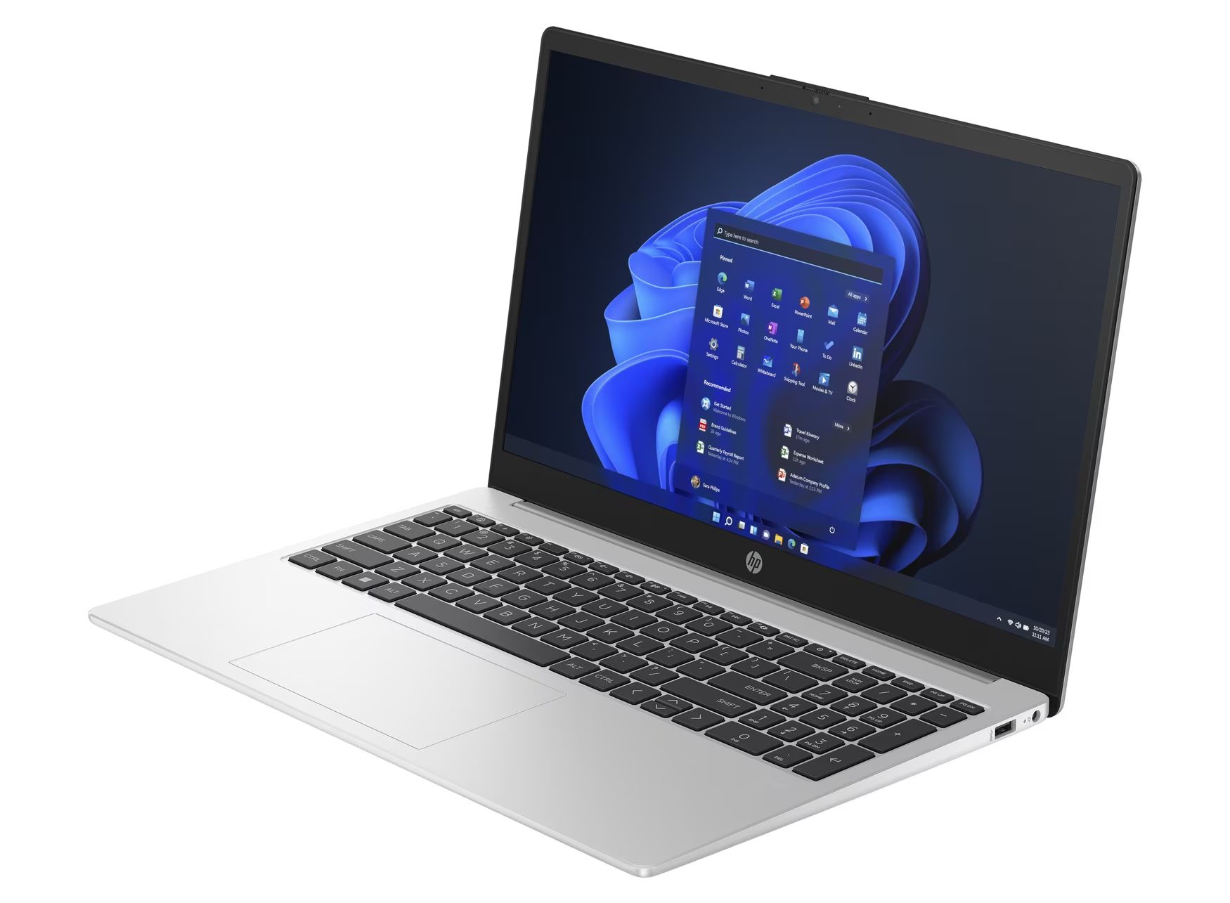 Ein silberner HP Laptop mit beleuchteter Tastatur und Windows-Startmenü.