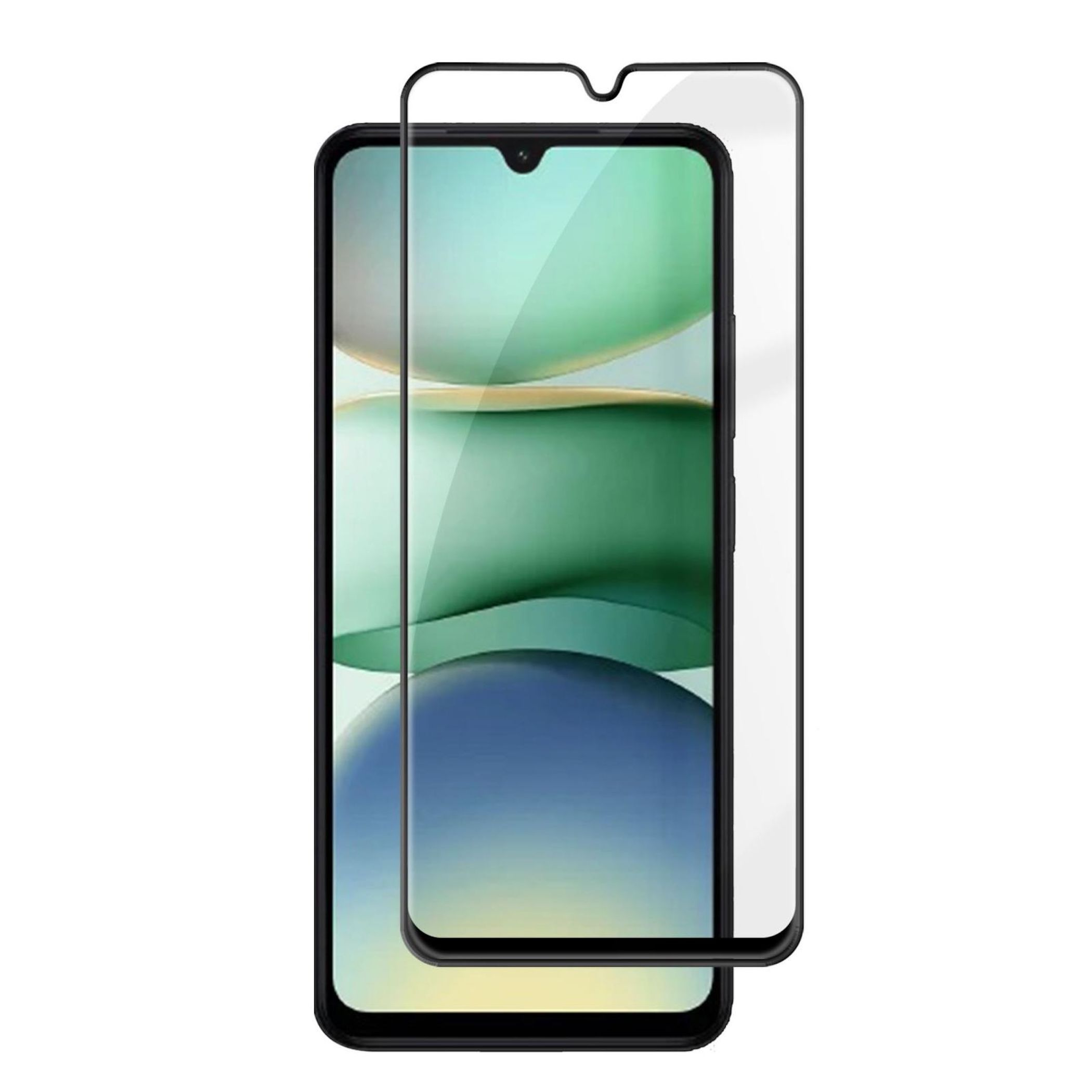 Una protezione per schermo di smartphone nera su un telefono con sfondo verde e blu.