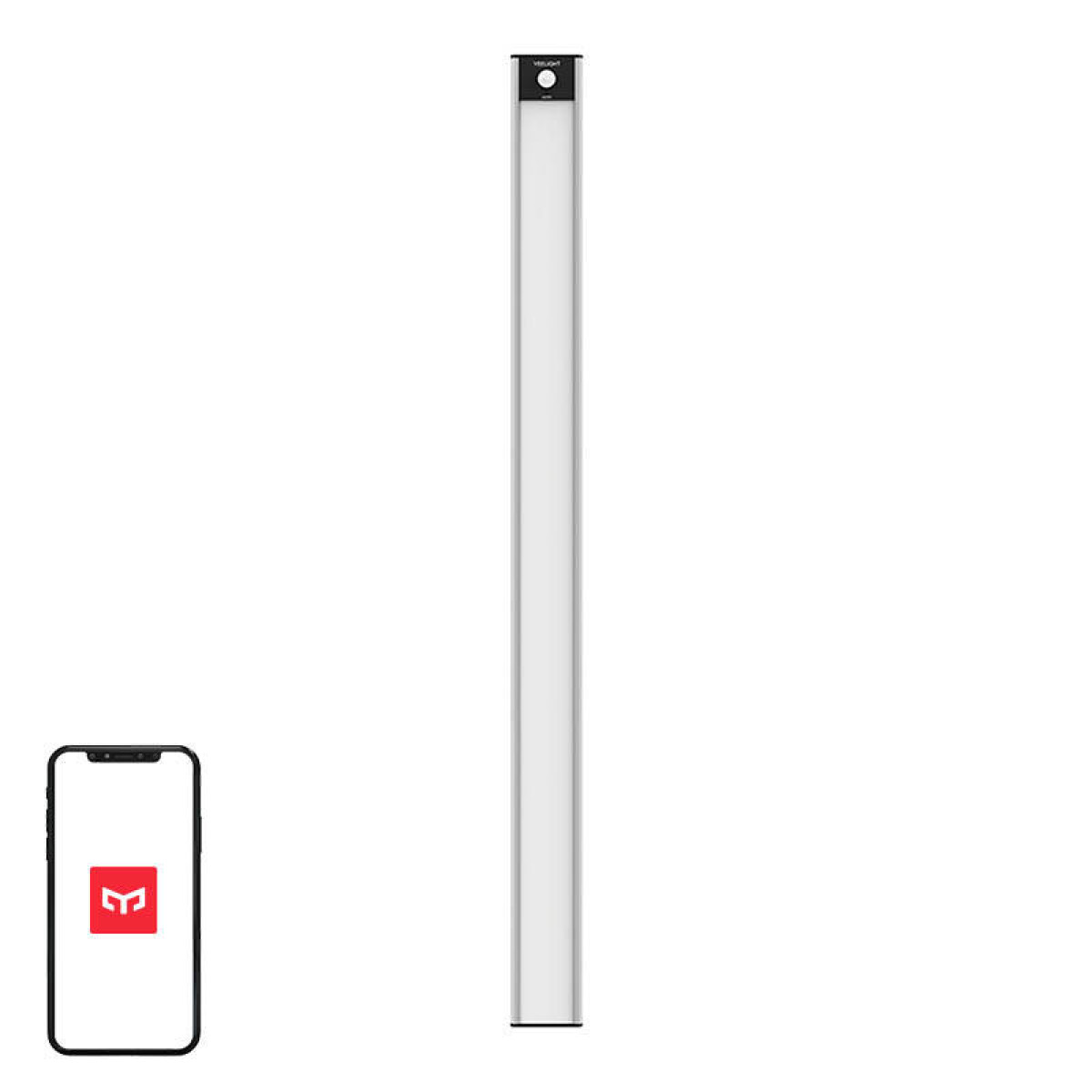 Długa, wąska listwa LED i smartfon z czerwonym logo.