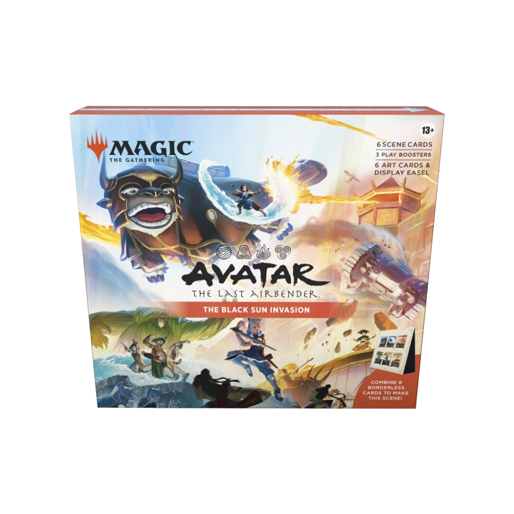 Magic: The Gathering Avatar: The Last Airbender-Box-Art mit Aang auf Appa im Kampf.