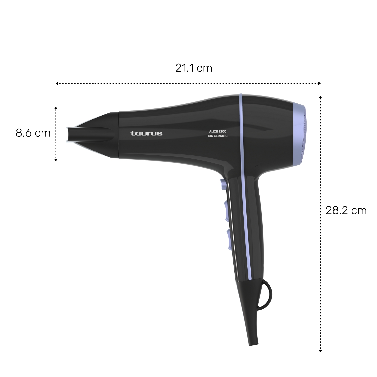 Secador de pelo negro con detalles azules y dimensiones.