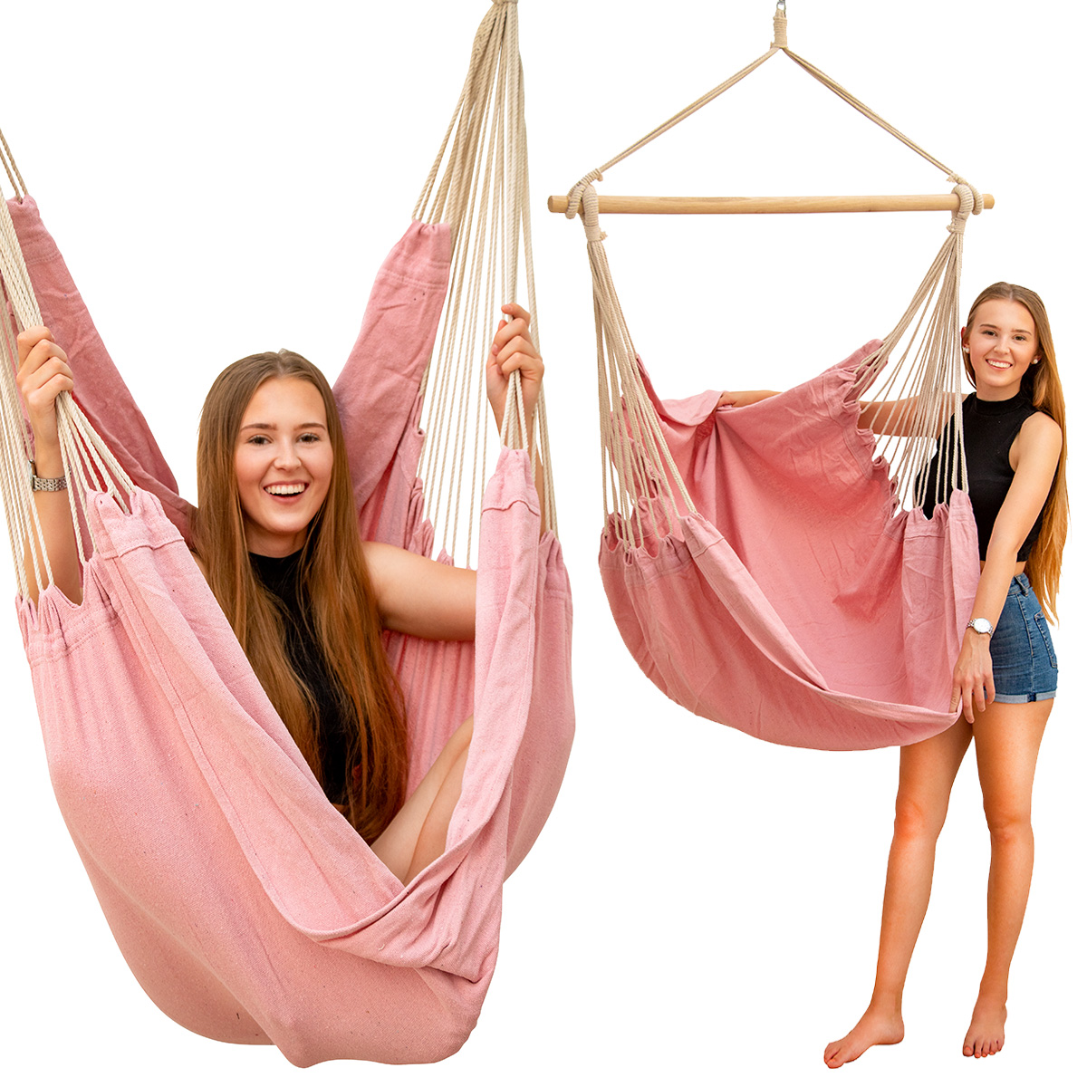 Zwei Frauen posieren mit hängenden Korbstühlen in Rosa.