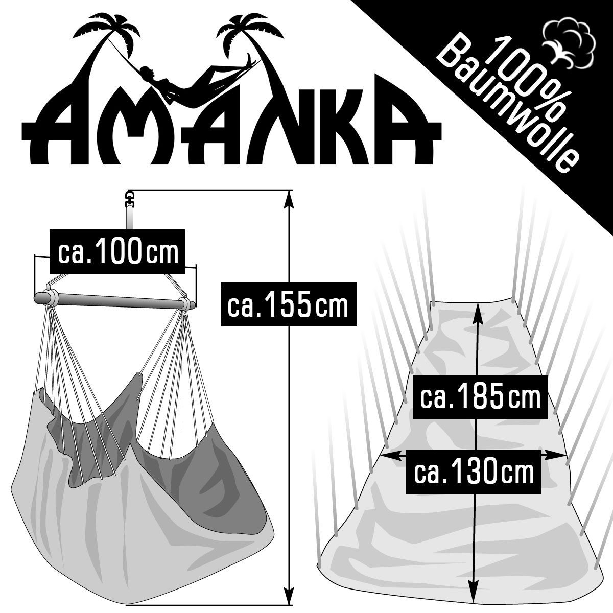 Illustration eines Hängesessels mit Maßen: 100cm Breite, 155cm Höhe, 185cm Länge, 130cm Weite.