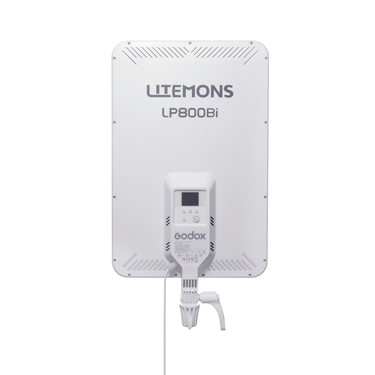 Weißes Godox LP800Bi LED-Panel mit LCD-Bildschirm und Bedienelementen.