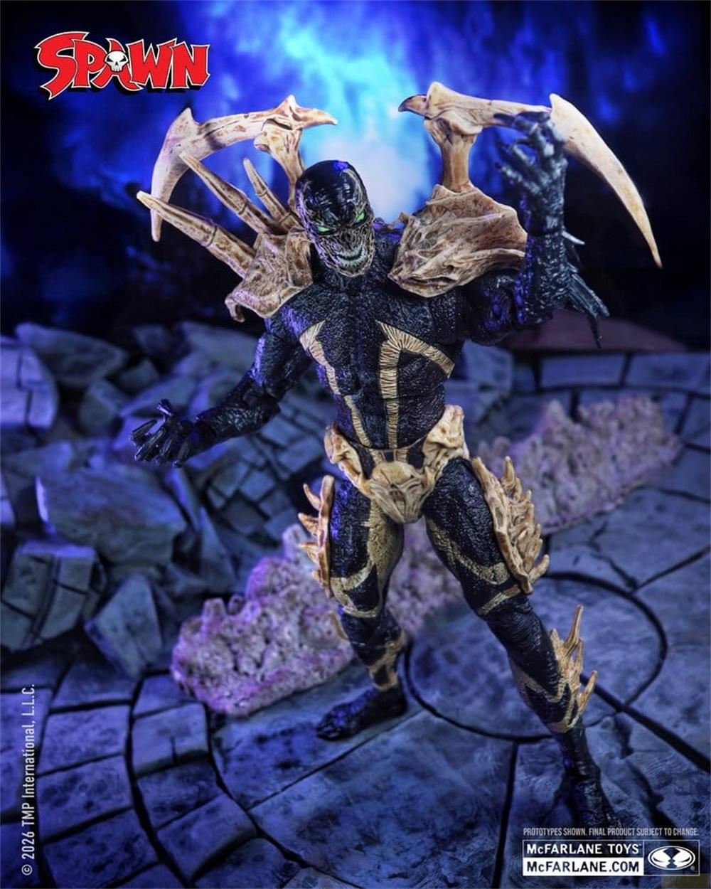 Eine gruselige Spawn-Figur mit dunkler Rüstung und knochigen Flügeln steht auf zerbrochenem Boden.