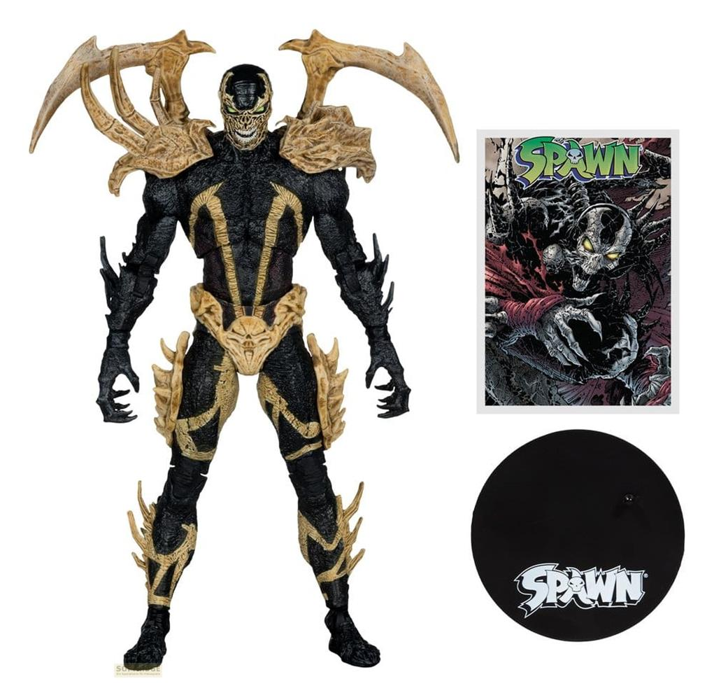 Spawn-Actionfigur mit Comic und Ständer, schwarz und gold.