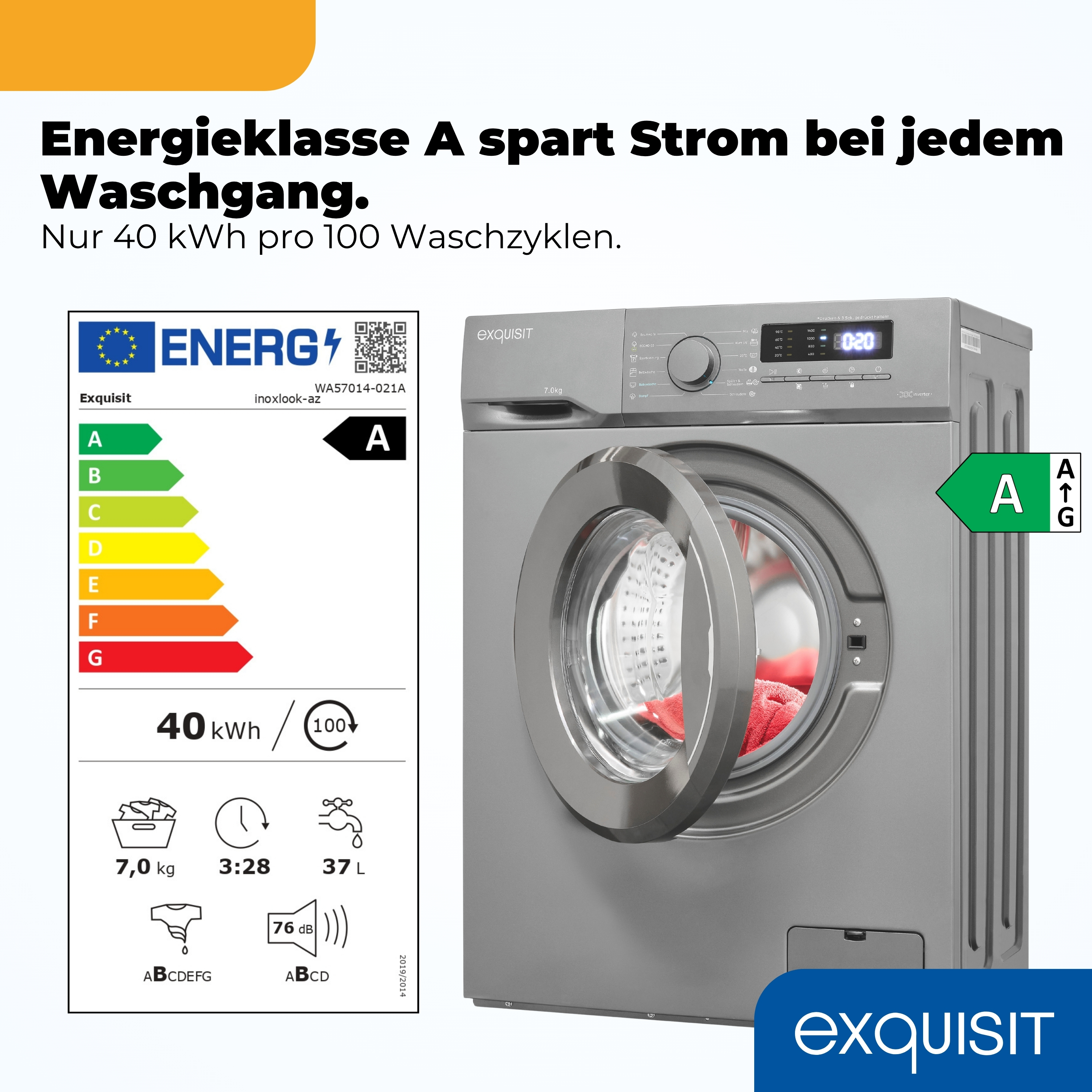 Graue Exquisit Waschmaschine mit Energieeffizienzlabel A und geöffneter Tür.