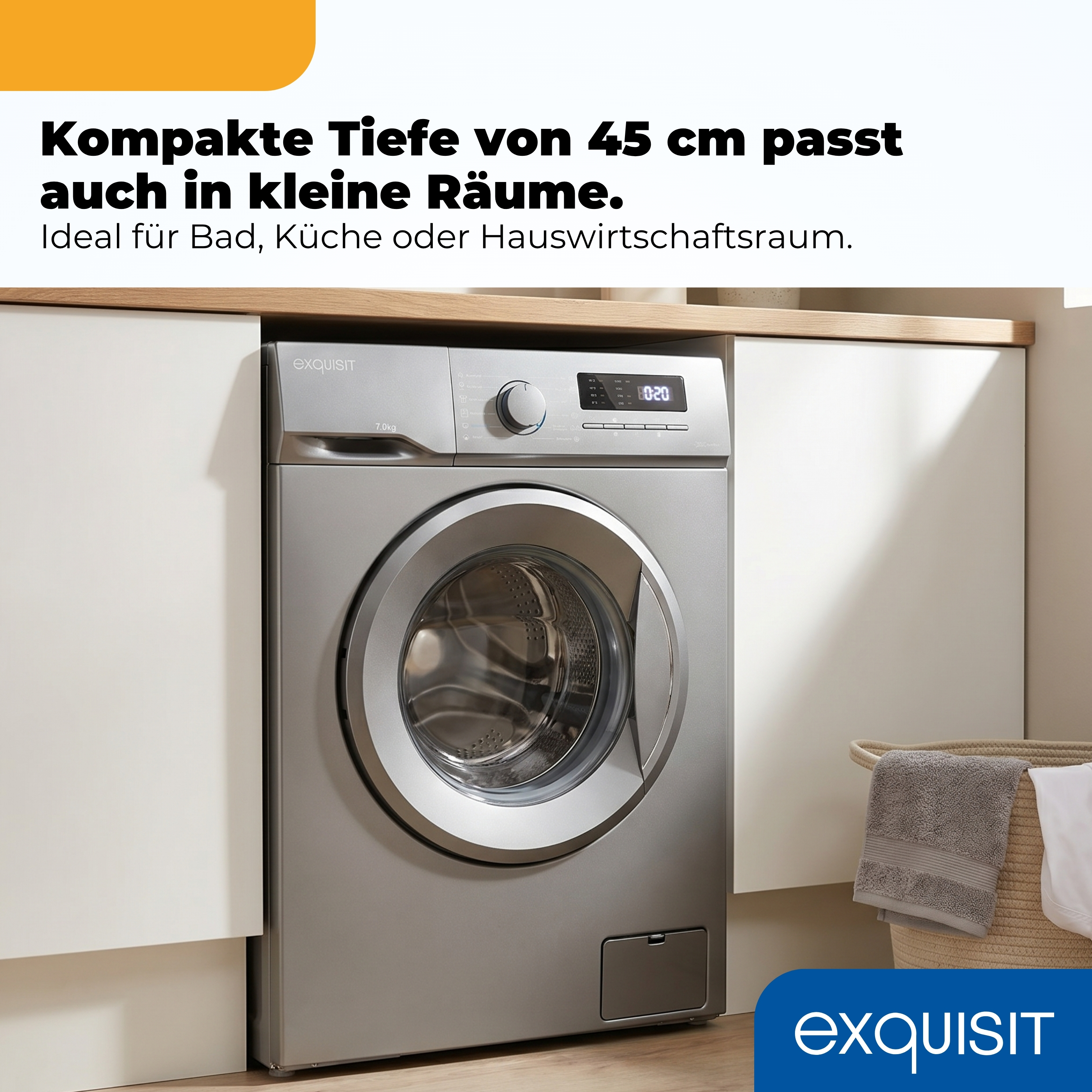 Silberne Waschmaschine mit 7kg Kapazität in einem modernen Badezimmer.