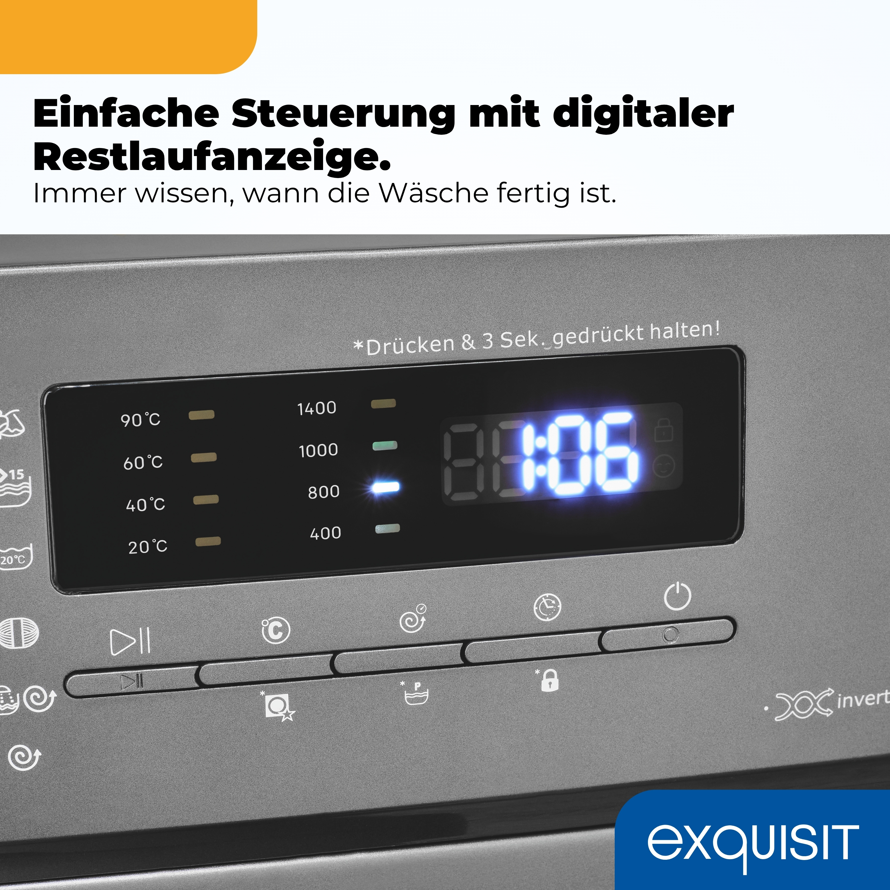 Bedienfeld einer Waschmaschine mit digitaler Anzeige und Knöpfen.