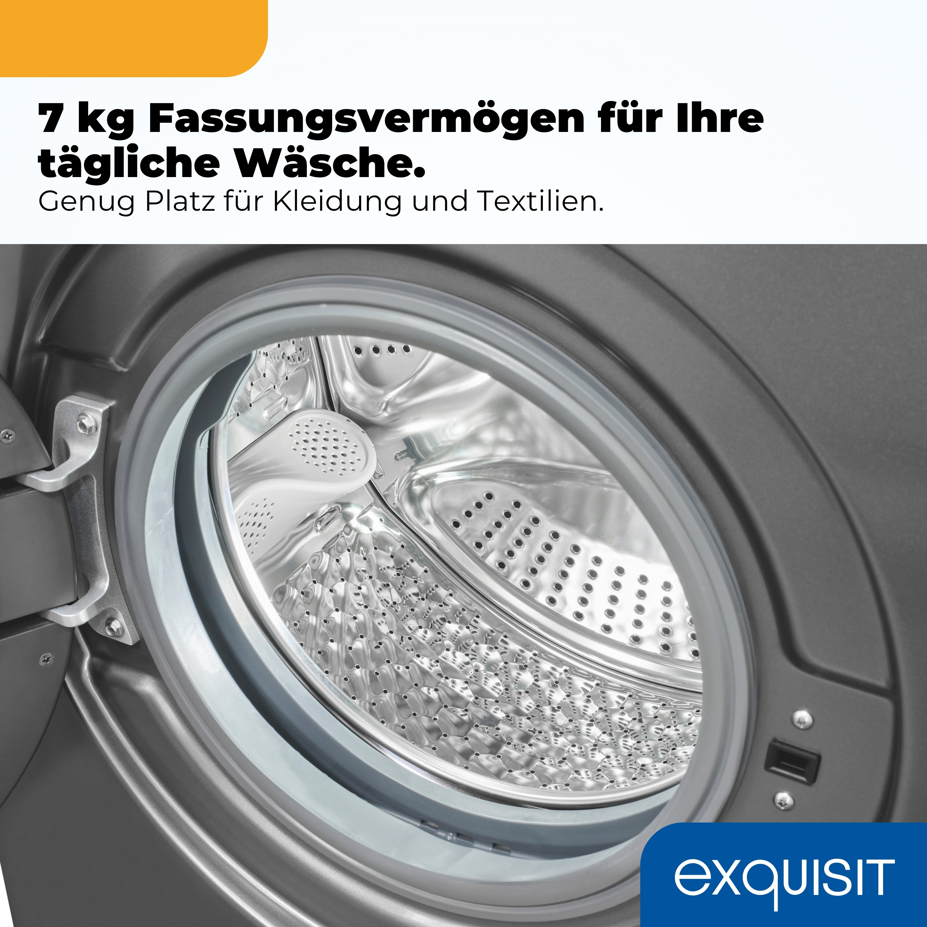 Detailansicht der Trommel einer Waschmaschine mit 7kg Fassungsvermögen.