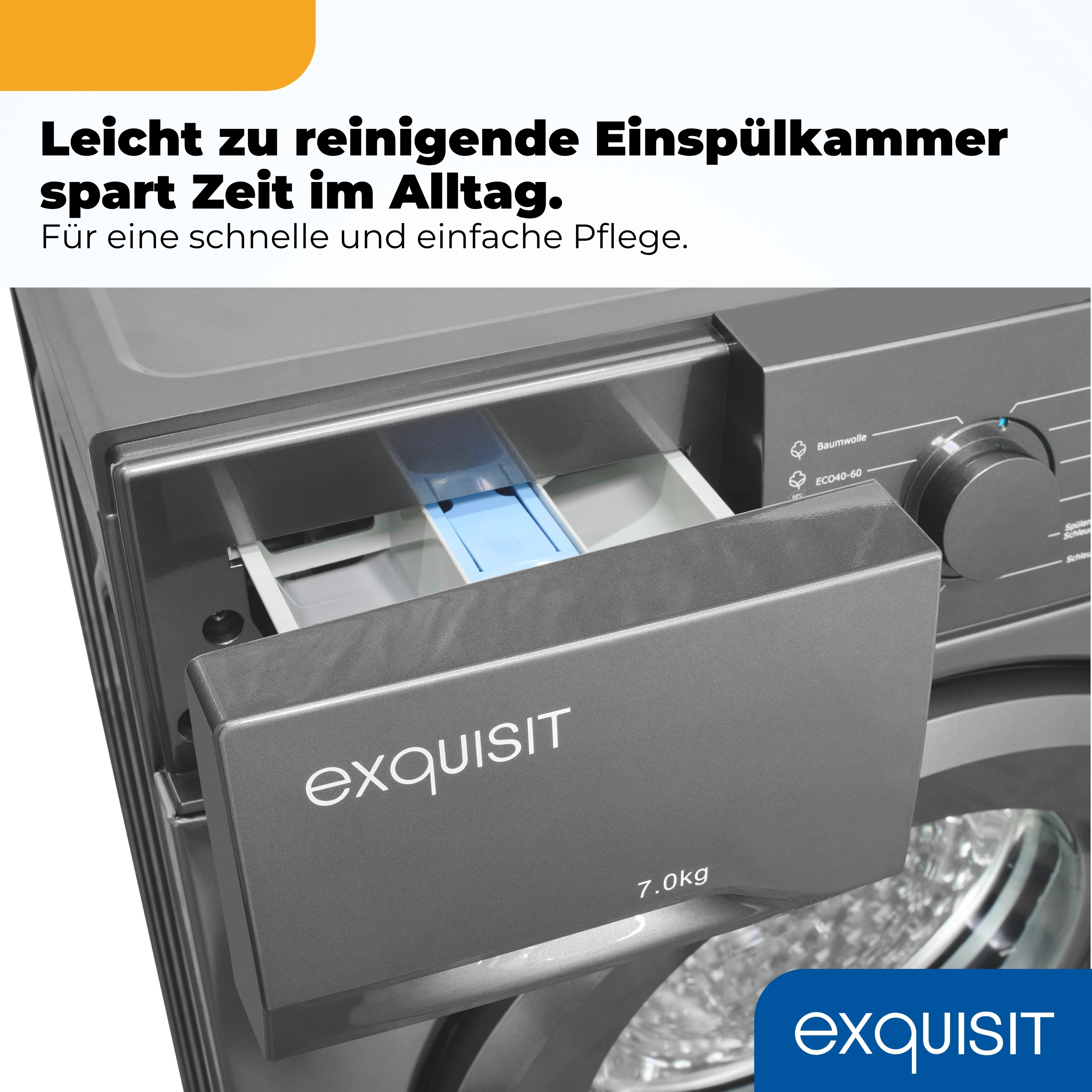 Eine Waschmaschine mit herausgezogener Einspülkammer und Bedienfeld.