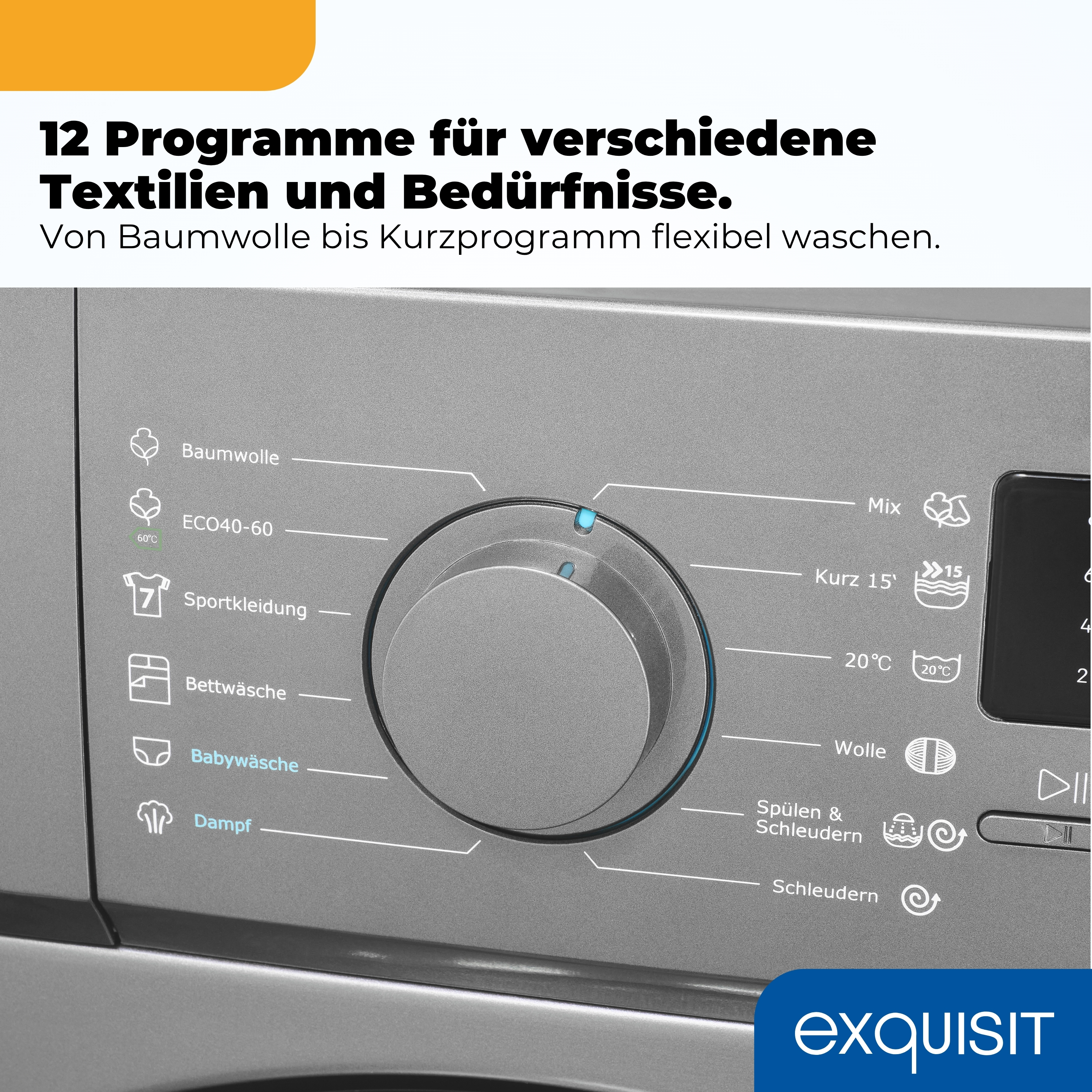 Nahaufnahme einer Waschmaschine mit Programmauswahl: Baumwolle, Mix, Wolle.