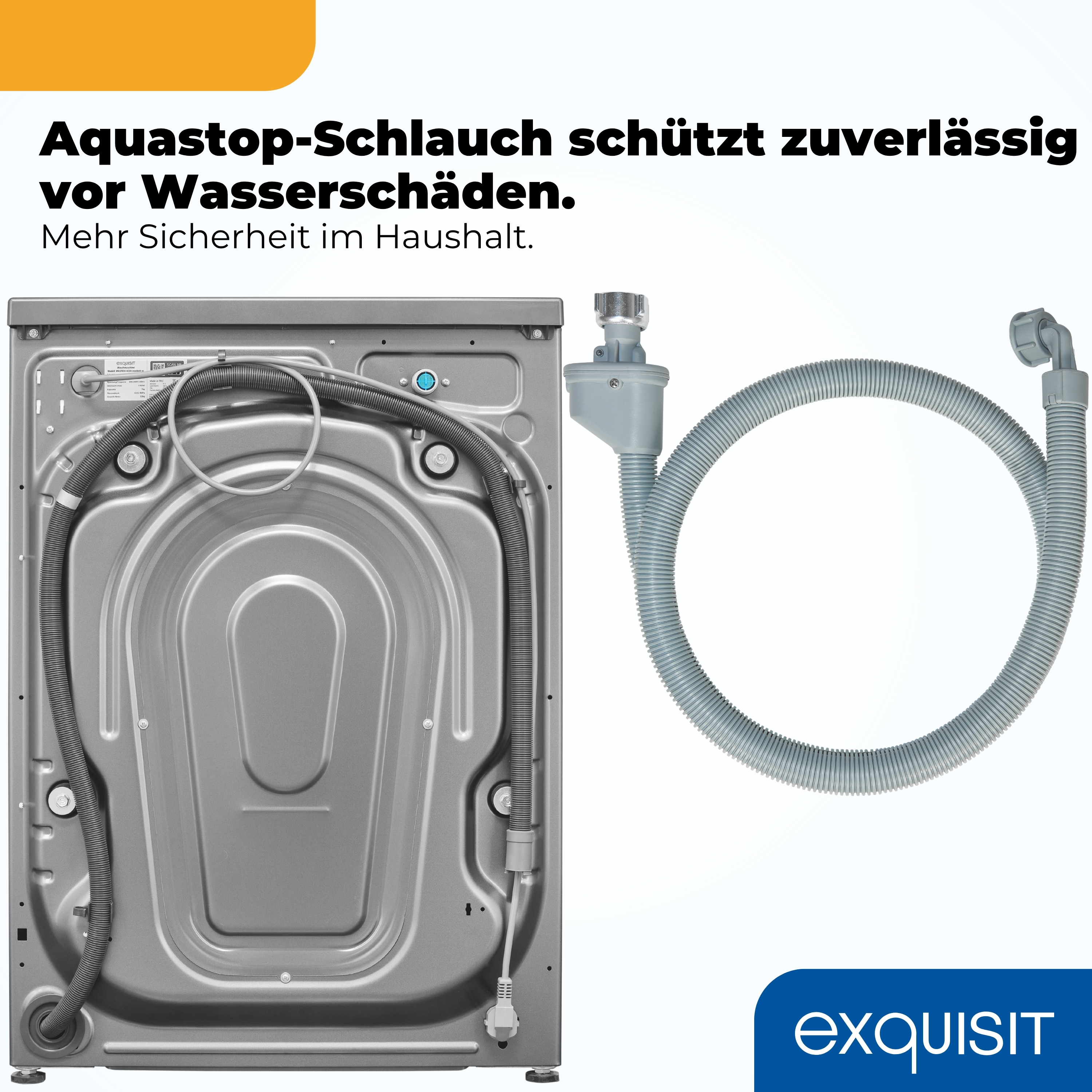 Rückseite einer Waschmaschine und ein Aquastop-Schlauch.