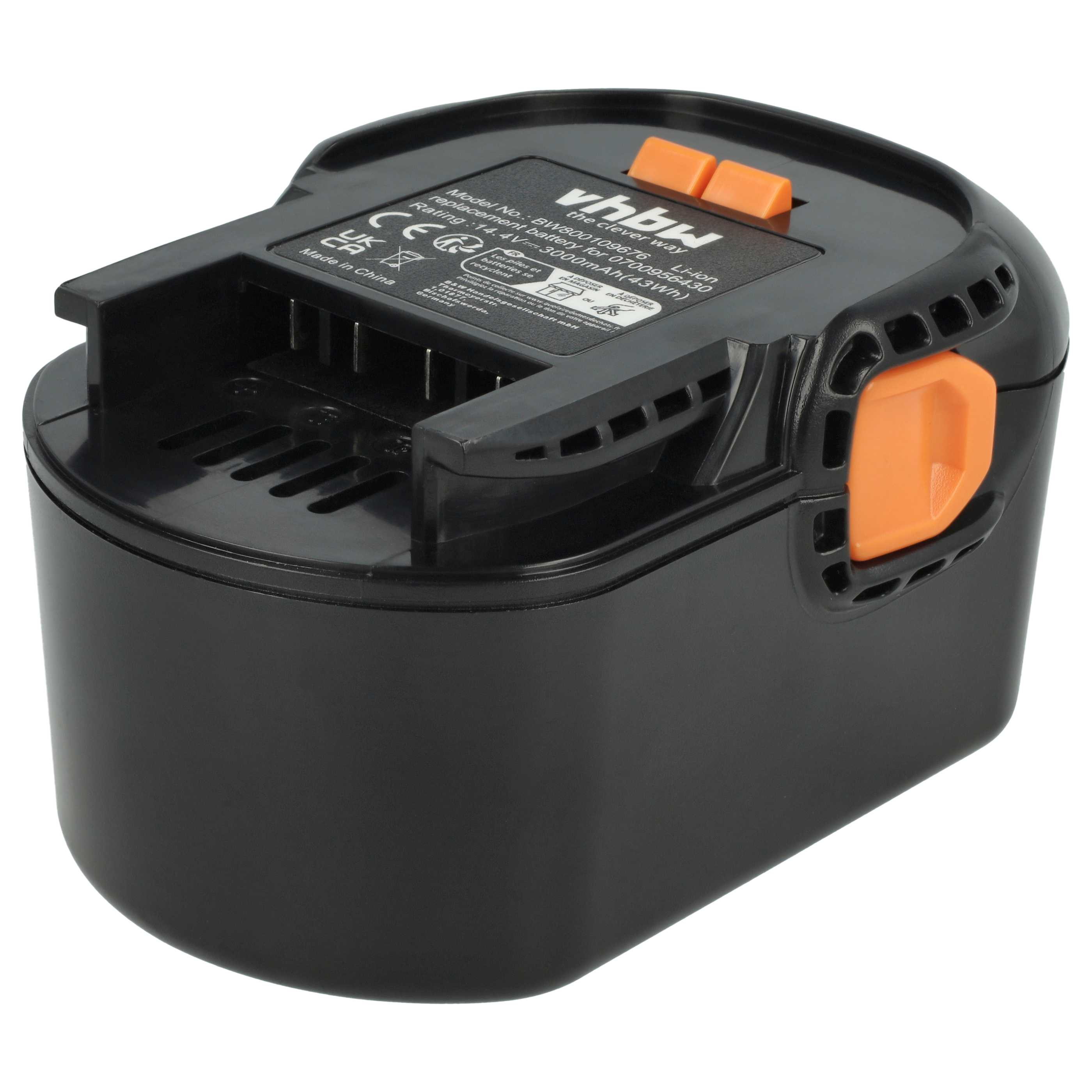Schwarzer Li-Ion-Akku mit orangen Entriegelungsknöpfen und technischen Details.