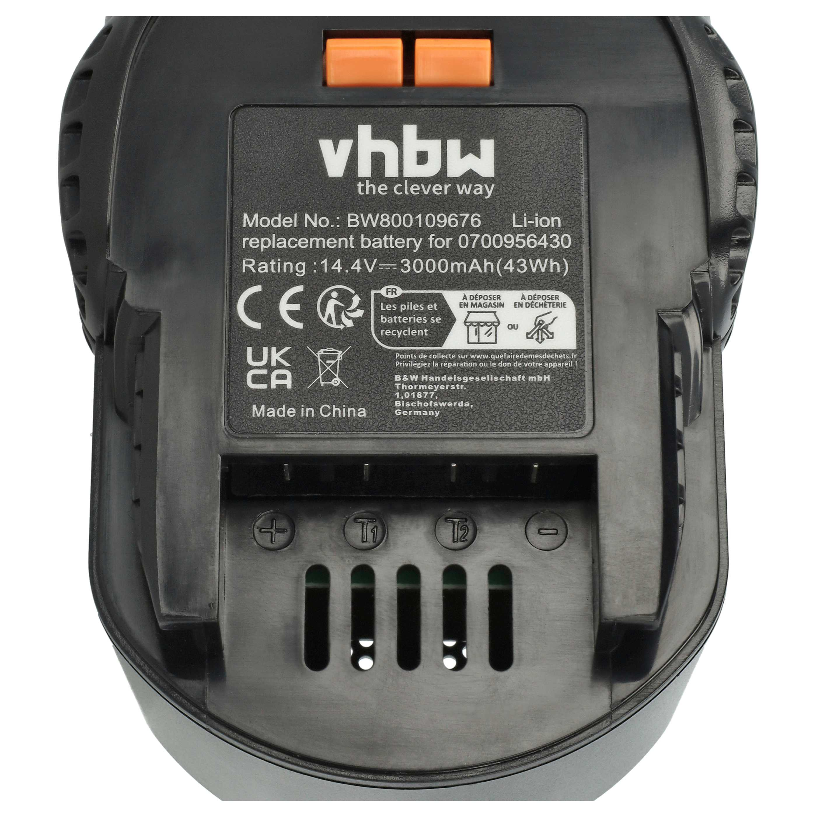 Schwarzer Akku mit Marke vhbw, Modell BW800109676, 14.4V.