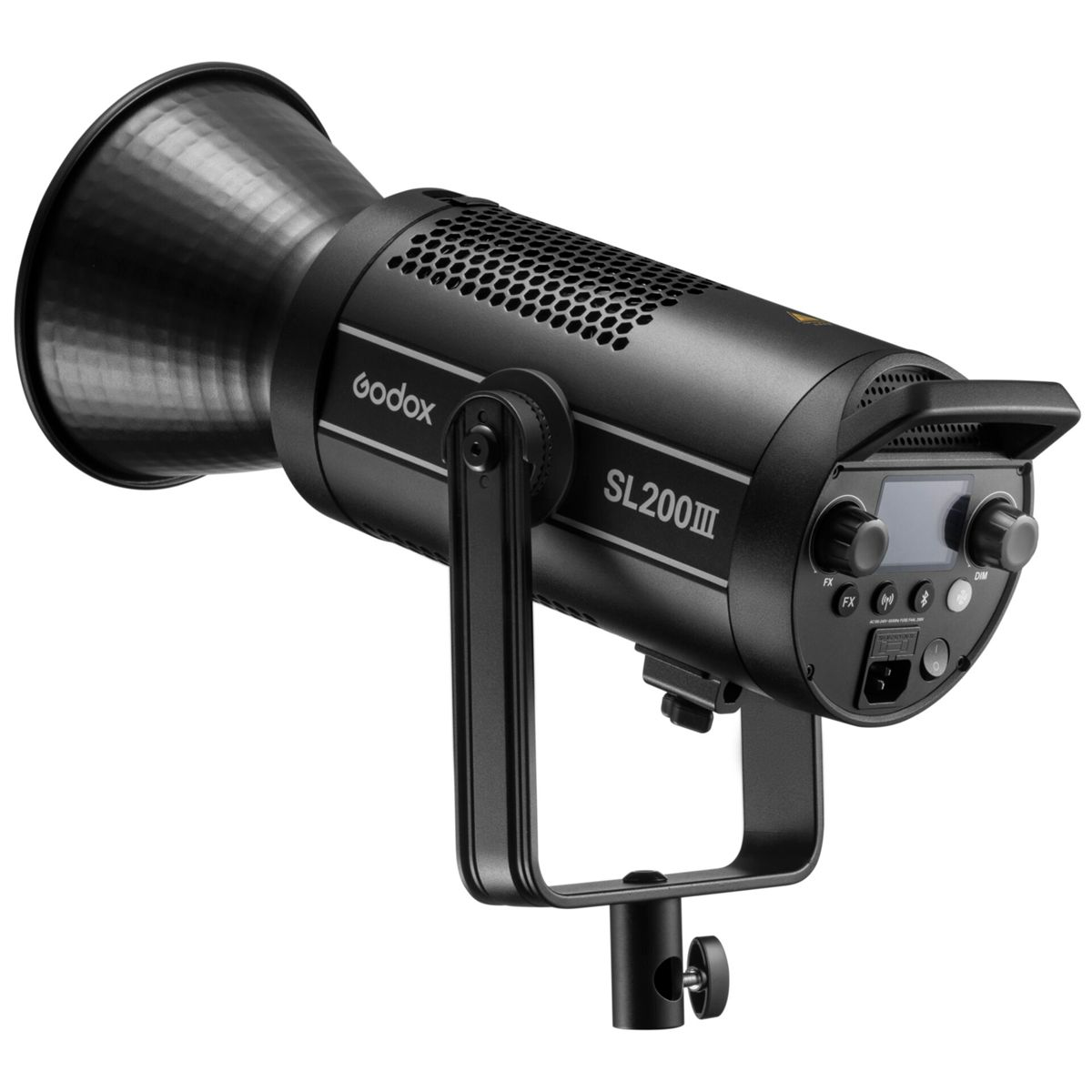 Schwarze Godox SL200III Studioleuchte mit Halterung und Display auf weißem Hintergrund.