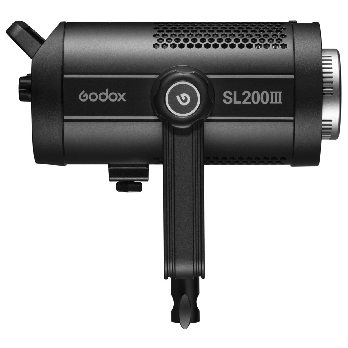 Schwarzer Godox SL200III LED-Videolichtkopf mit Ständerhalterung.