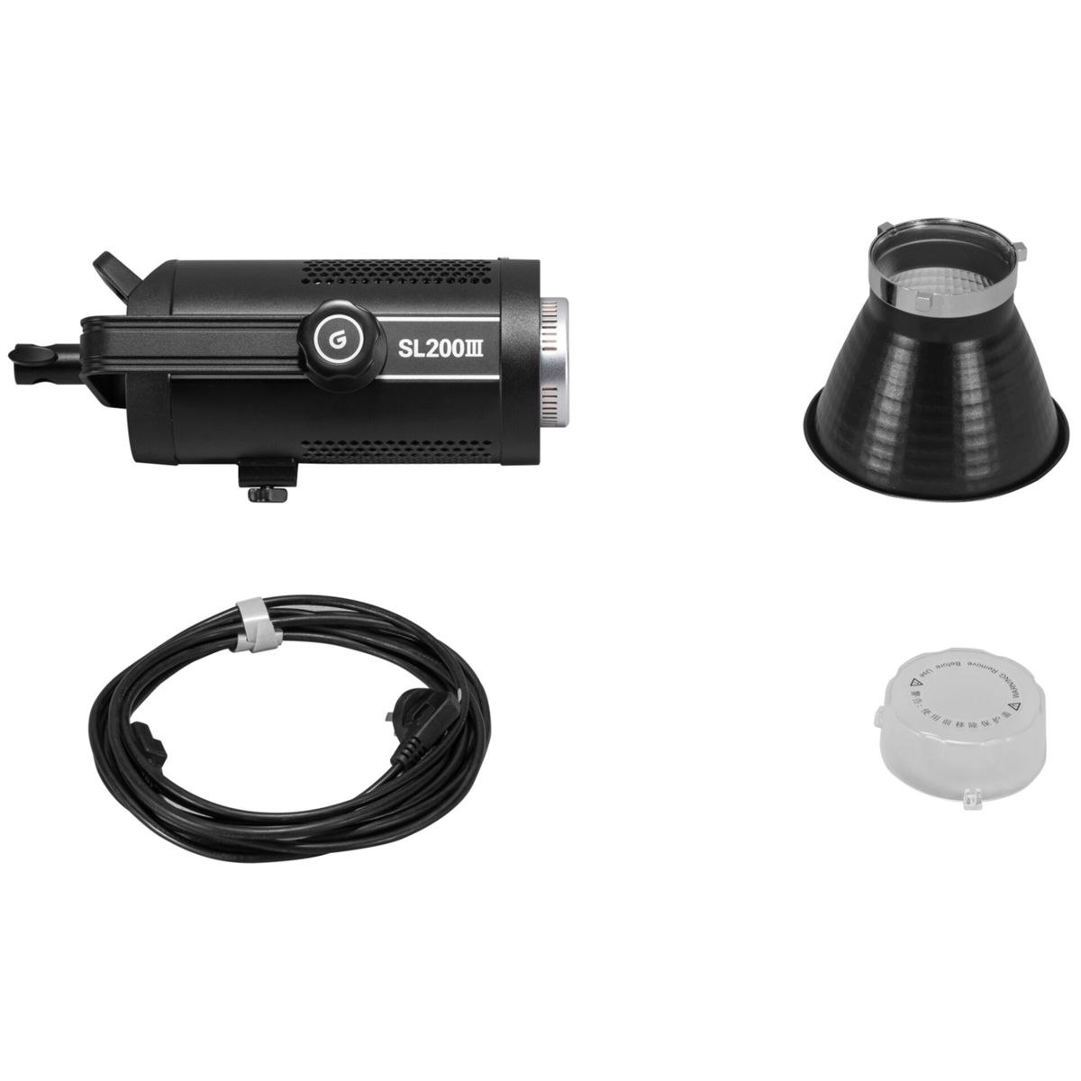 Schwarzes SL200III Licht mit Kabel, Reflektor und Kappe auf weißem Grund.