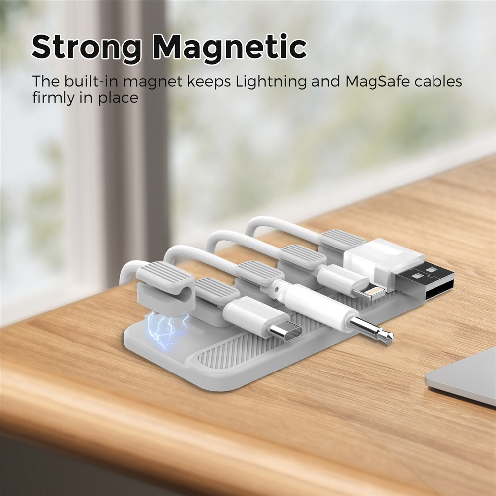 Grauer Kabelhalter mit magnetischen Clips für Lightning- und MagSafe-Kabel.