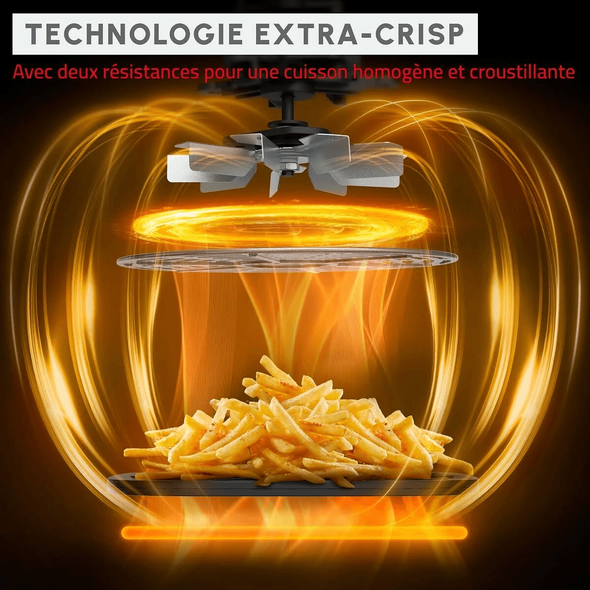 Ein Fächer erzeugt heiße Luft über Pommes Frites in einem Kochgerät.