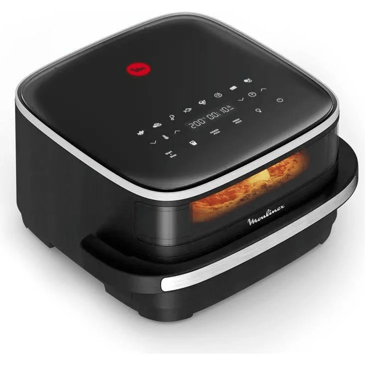 Schwarzer Heißluftfritteusenofen mit digitalem Display und beleuchtetem Innenraum, in dem ein Essen kocht.
