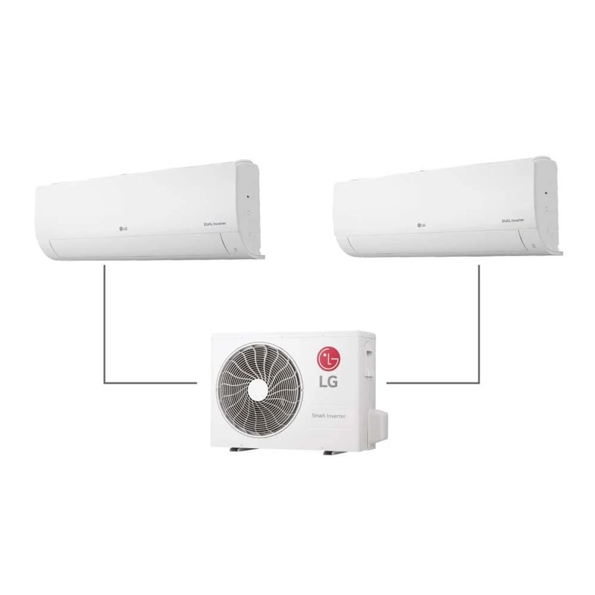 Dos aires acondicionados LG blancos, una unidad exterior abajo.