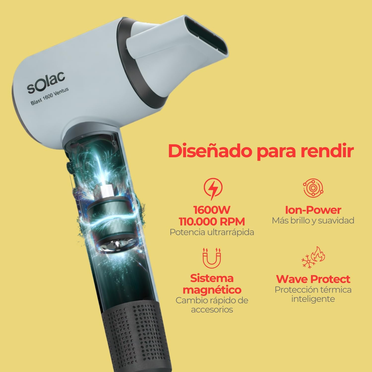 Un secador de pelo blanco con carcasa transparente que revela el motor.