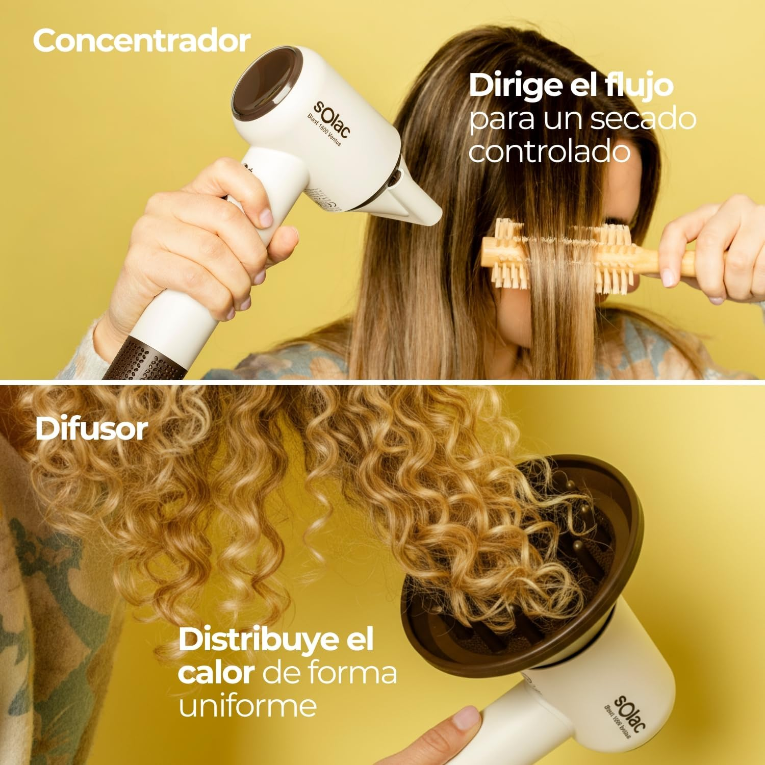 Secador de pelo con boquilla concentradora y difusor sobre fondo amarillo.