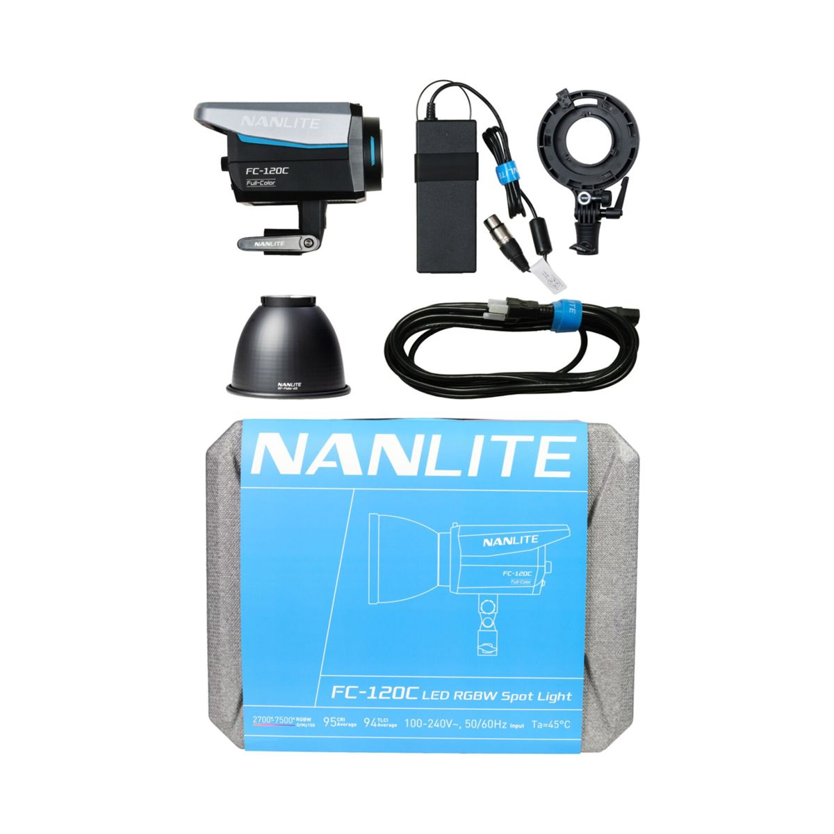 Nanlite FC-120C LED RGBW Spot Light-Set mit Zubehör auf weißem Hintergrund.