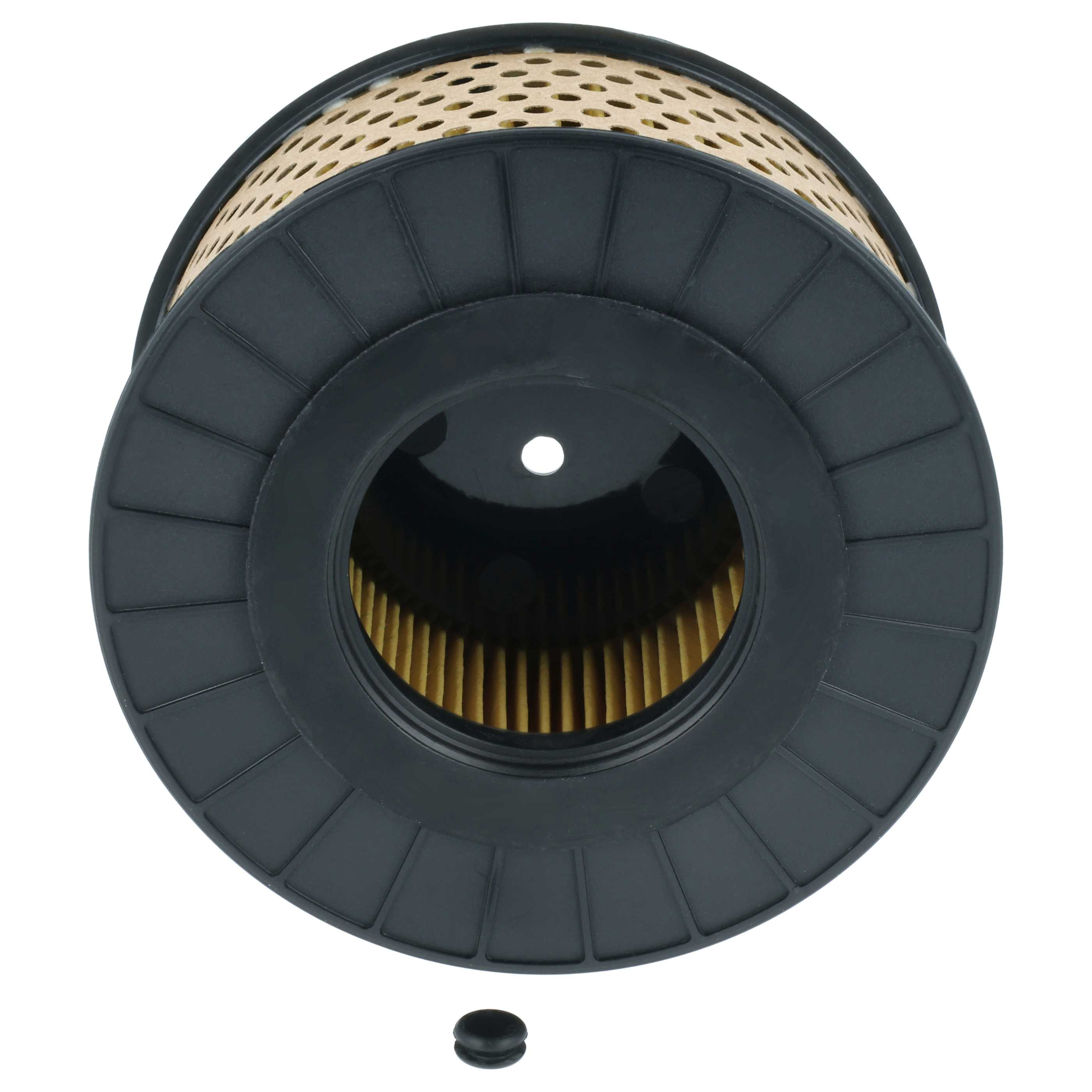 Ein schwarzer Luftfilter mit gelbem Filtermedium und kleinen Kappen.