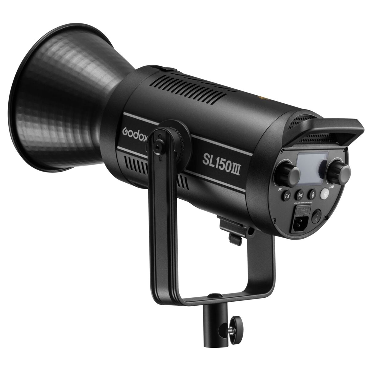 Schwarzer Godox SL150III Blitz mit Reflektor und Bedienelementen.