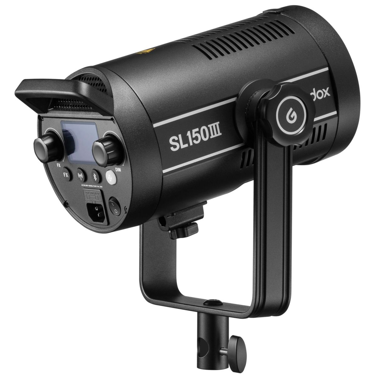 Schwarzer Godox SL150III LED-Videolicht mit Ständerhalterung und Bedienelementen.