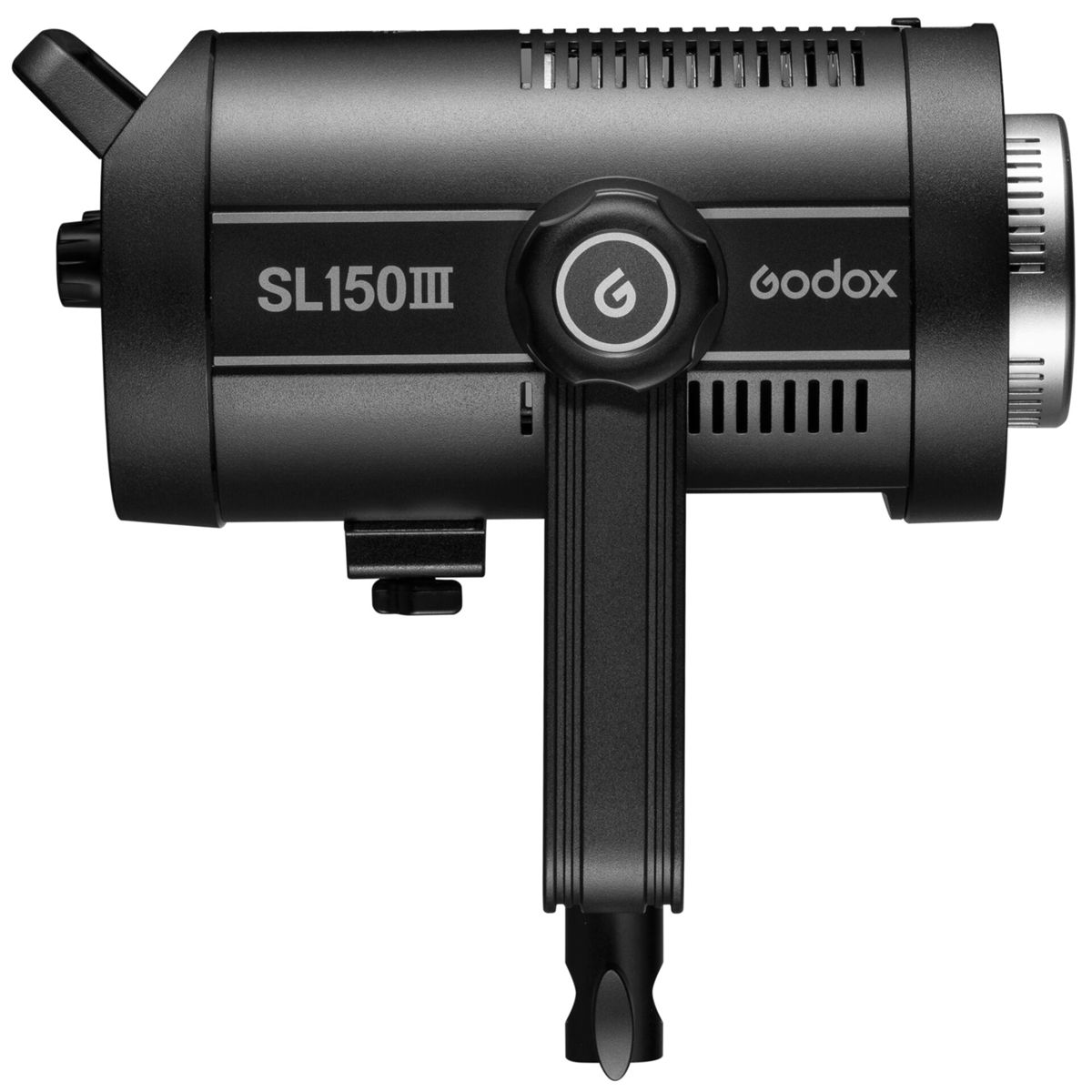 Schwarzes Studio-Blitzlicht mit "SL150III" und "Godox" Aufschrift.