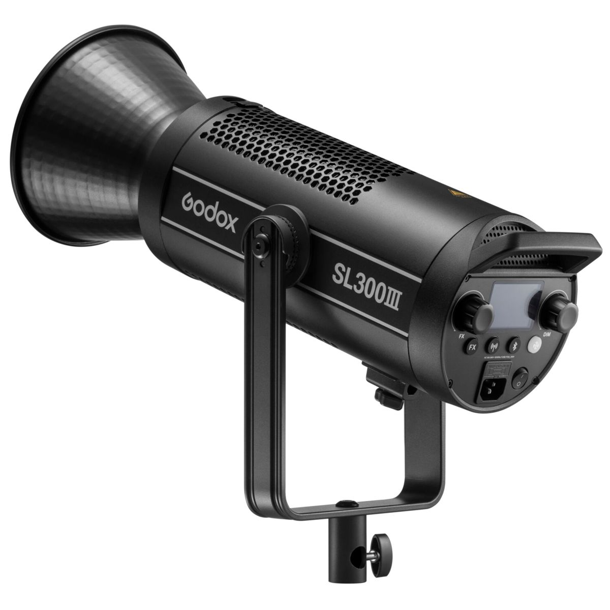 Schwarzer Godox SL300II Videolicht mit Reflektor und Bedienfeld.