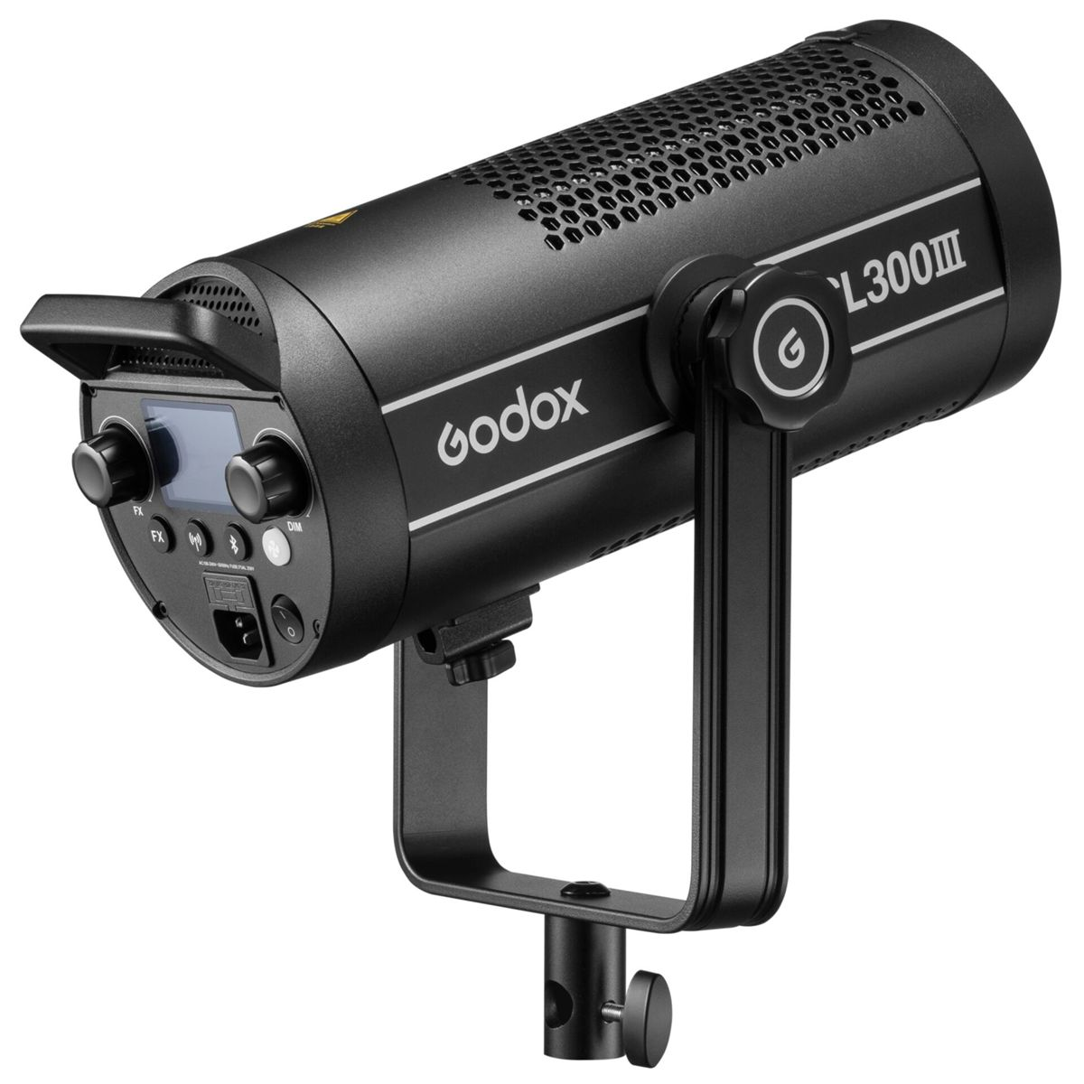 Schwarzer Godox L300II LED-Scheinwerfer mit Halterung und Bedienelementen.