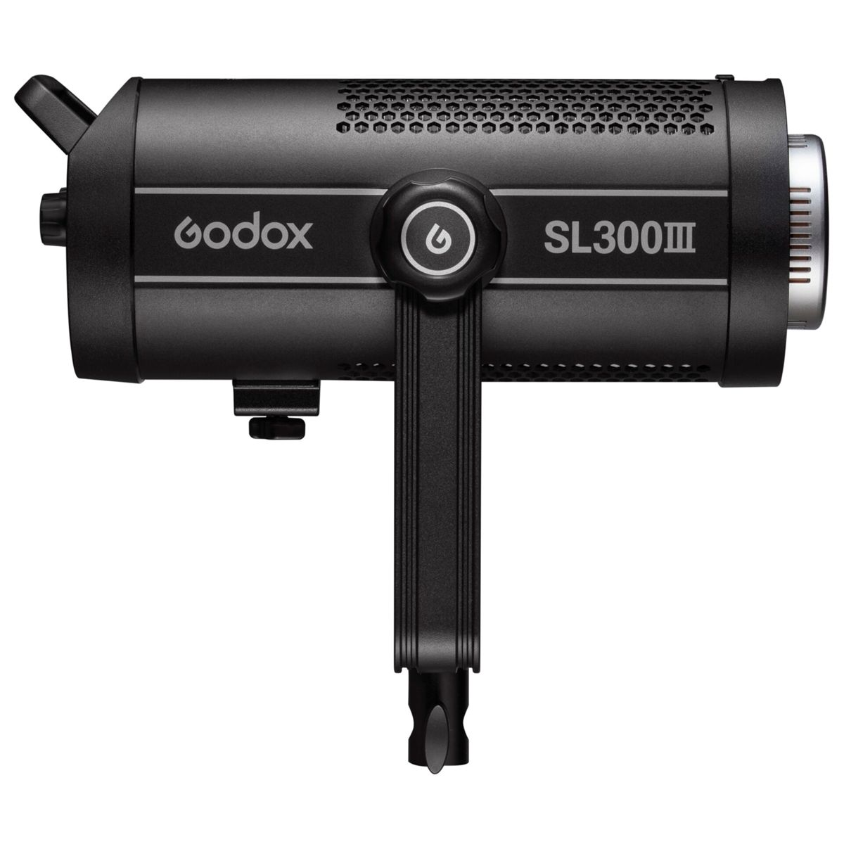 Schwarzer Godox SL300III LED-Scheinwerfer mit Bügel und Lüftungsschlitzen.