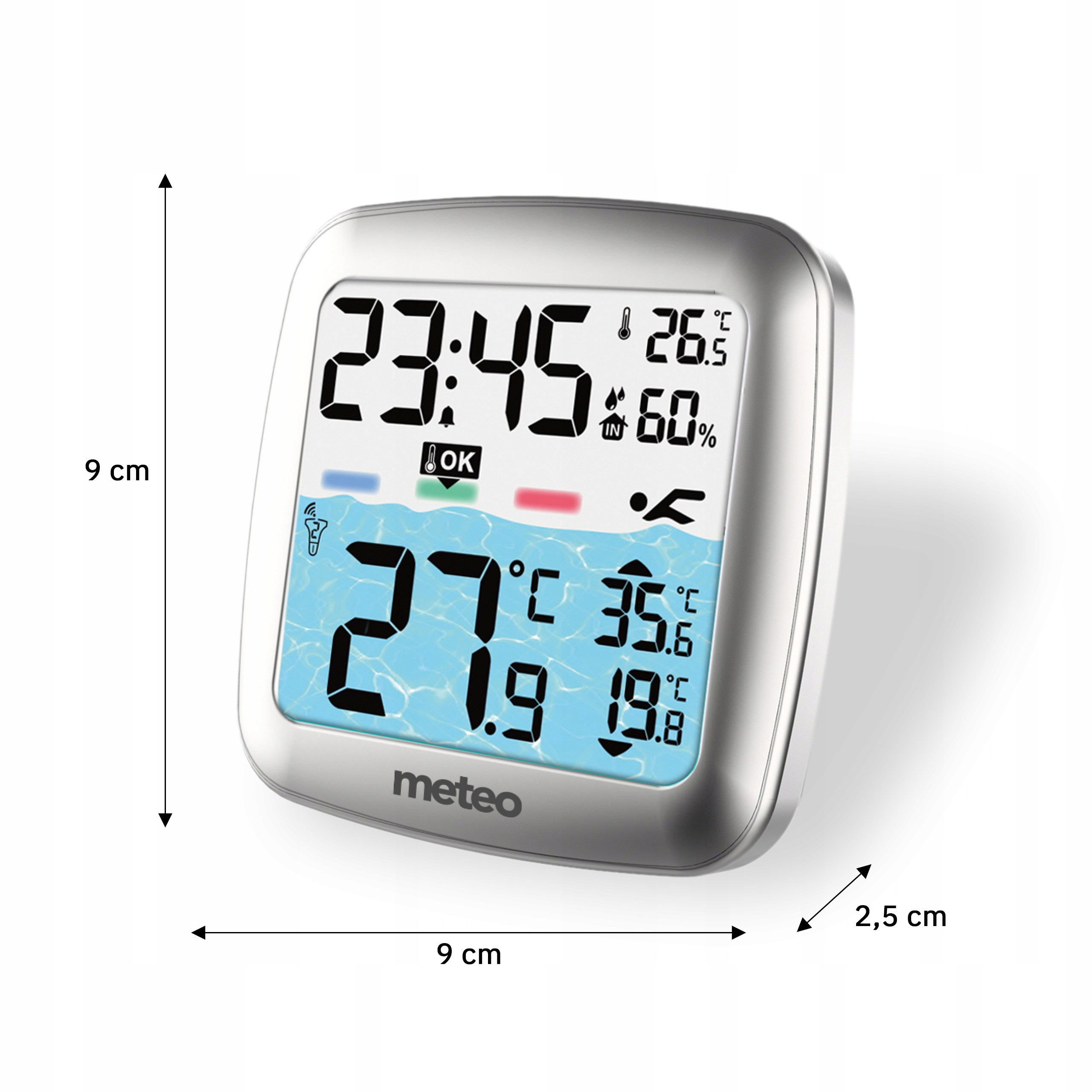 Cyfrowy termo-higrometr pokazuje 23:45, 26.5°C, 60% wilgotności i 27.9°C.