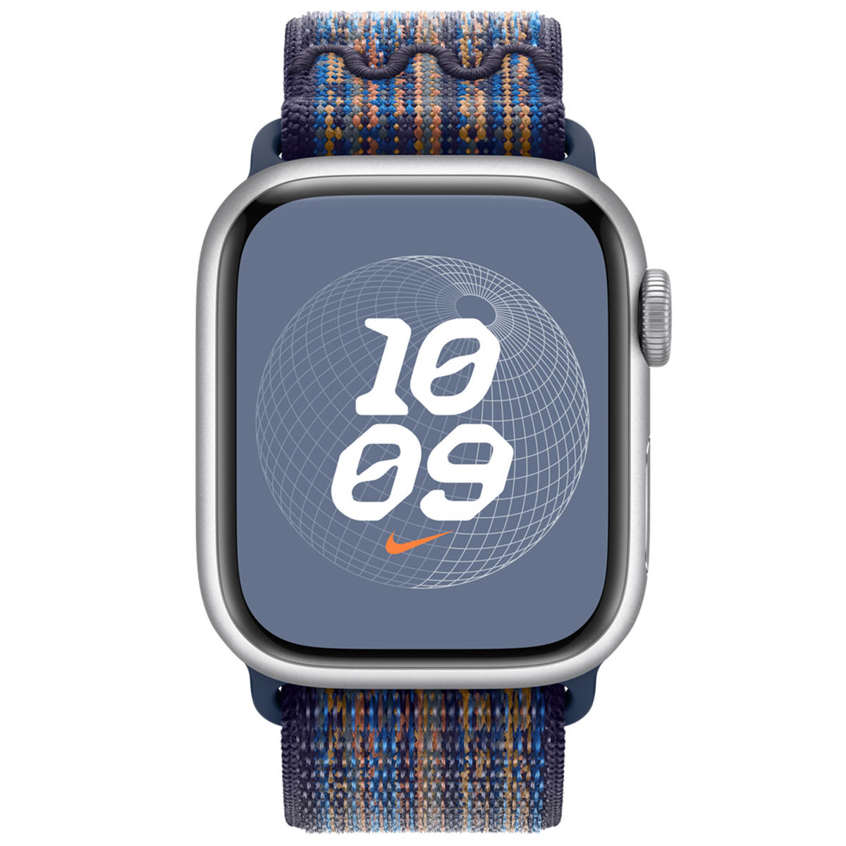 Silberne Smartwatch mit buntem Band und digitaler Zeitanzeige 10:09.
