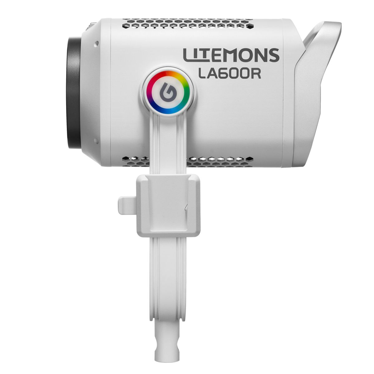 Ein weißer Litemons LA600R-Scheinwerfer mit Farb-LED-Anzeige und Halterung.