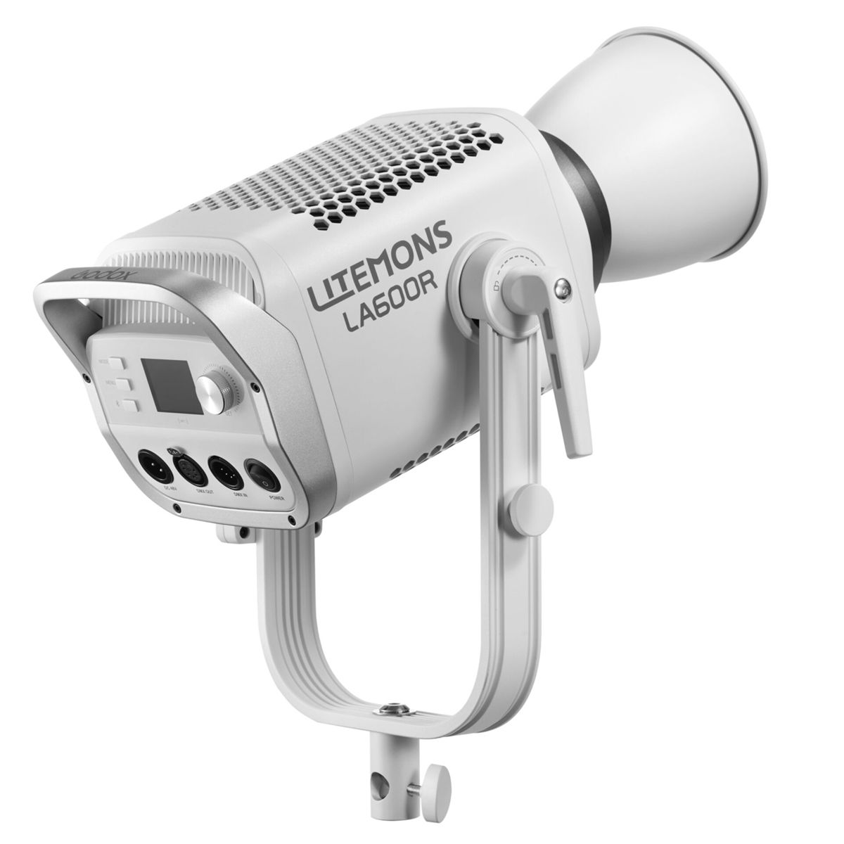 Eine weiße Godox Litemons LA600R LED-Leuchte mit Digitaldisplay und Anschlüssen.