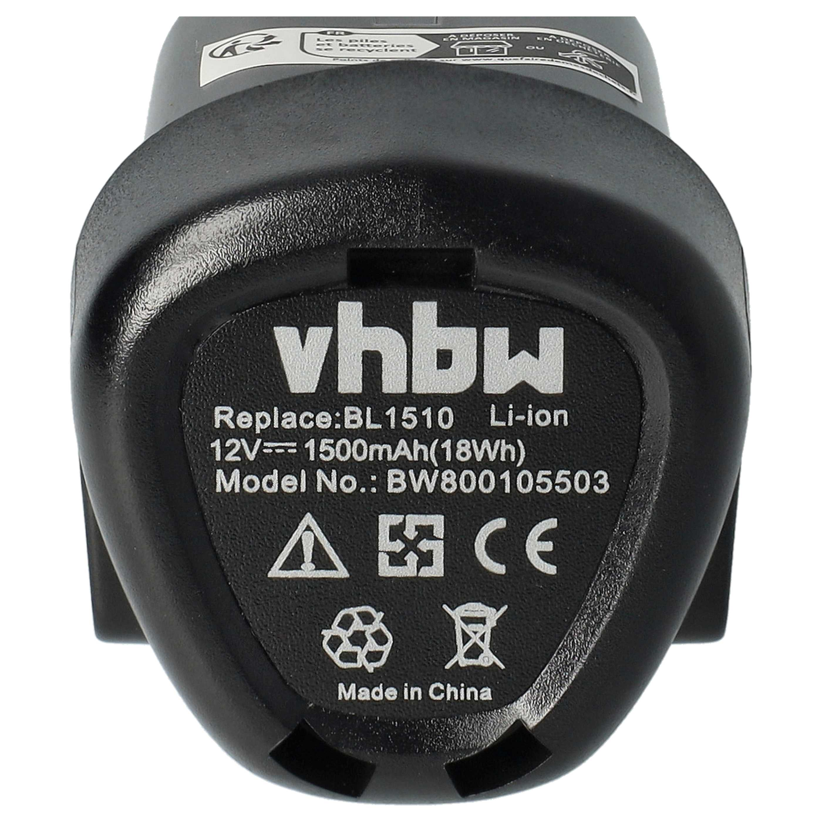 Schwarzer Akku mit "vhbw"-Logo, Spezifikationen: 12V, 1500mAh, Made in China.